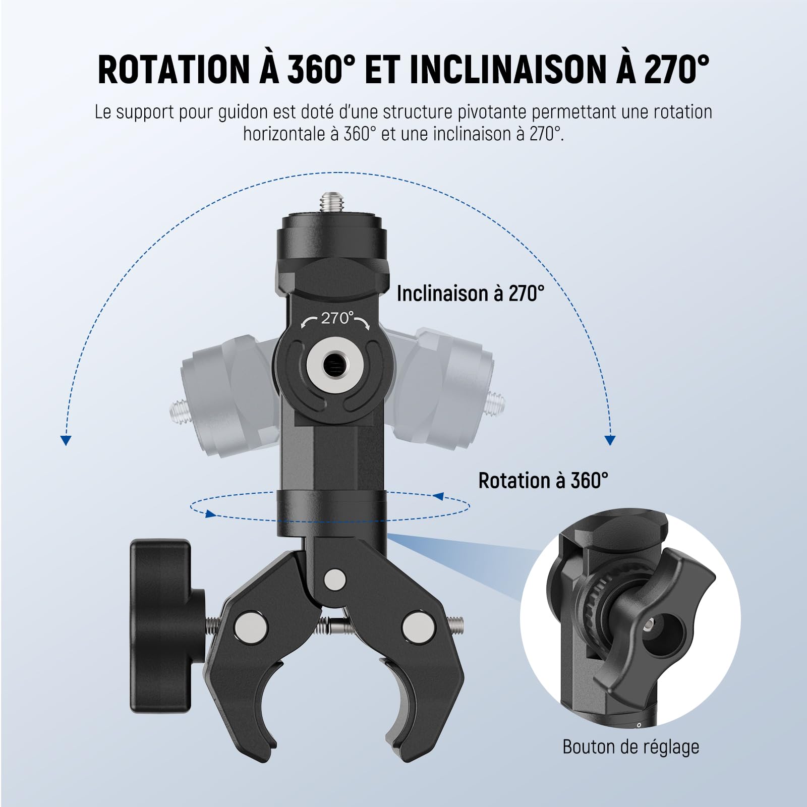 ROTATION À 360° ET INCLINAISON À 270°

Le support pour guidon est doté d'une structure pivotante permettant une rotation horizontale à 360° et une inclinaison à 270°.

- Inclinaison à 270°
- Rotation à 360°
- Bouton de réglage