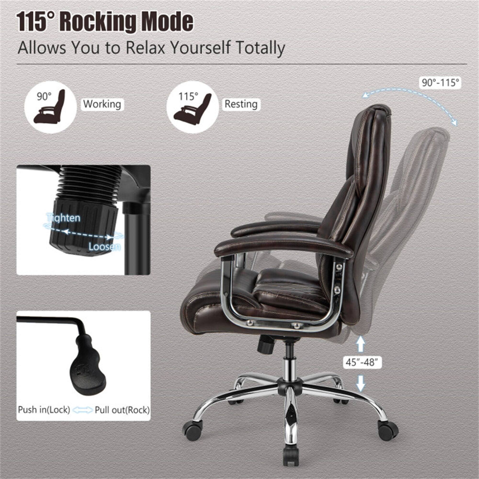 115° Rocking Mode  
Allows You to Relax Yourself Totally  

90° Working  
115° Resting  

90°-115°  

45"-48"  

Push in (Lock)  
Pull out (Rock)  

Tighten  
Loosen