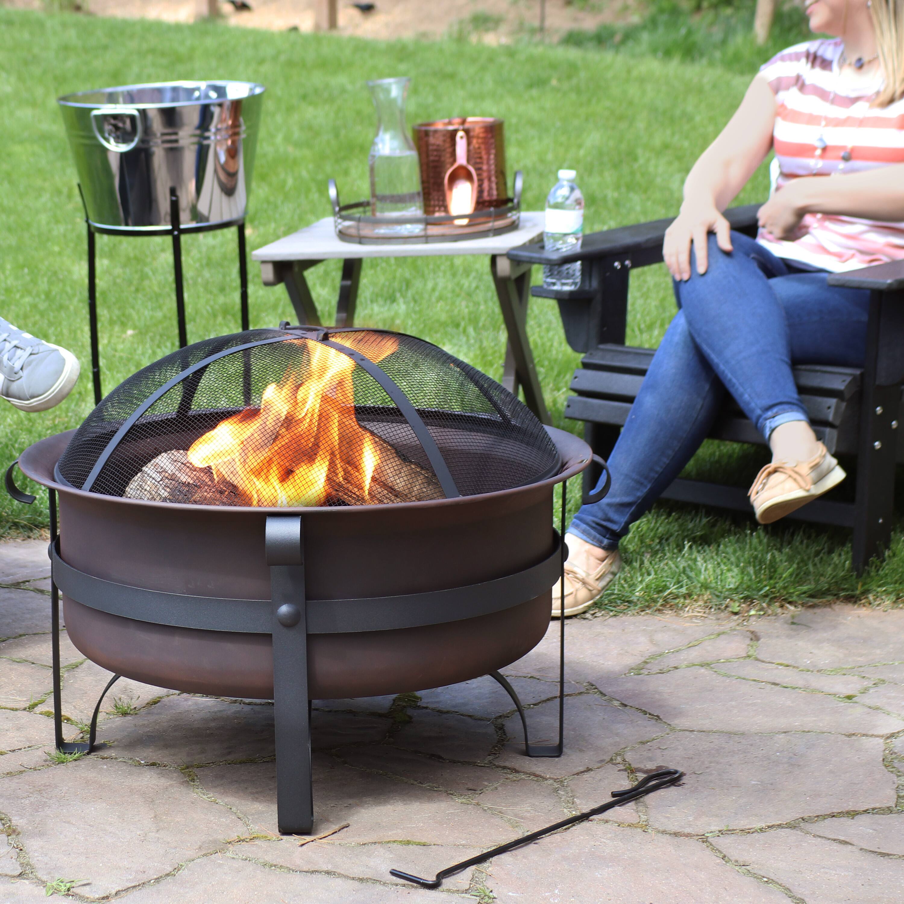 Alt View 7. Sunnydaze - 29 in Cauldron Style Steel Fire Pit with Spark Screen - Bronze.