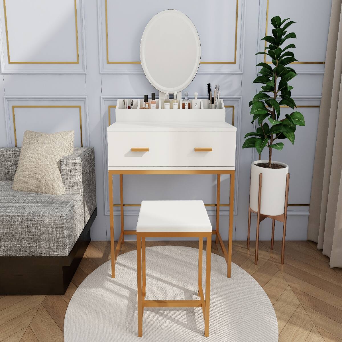 Loheer - Makeup Vanity Set with Mirror and Stool, White and Gold, Compact - Ancient White