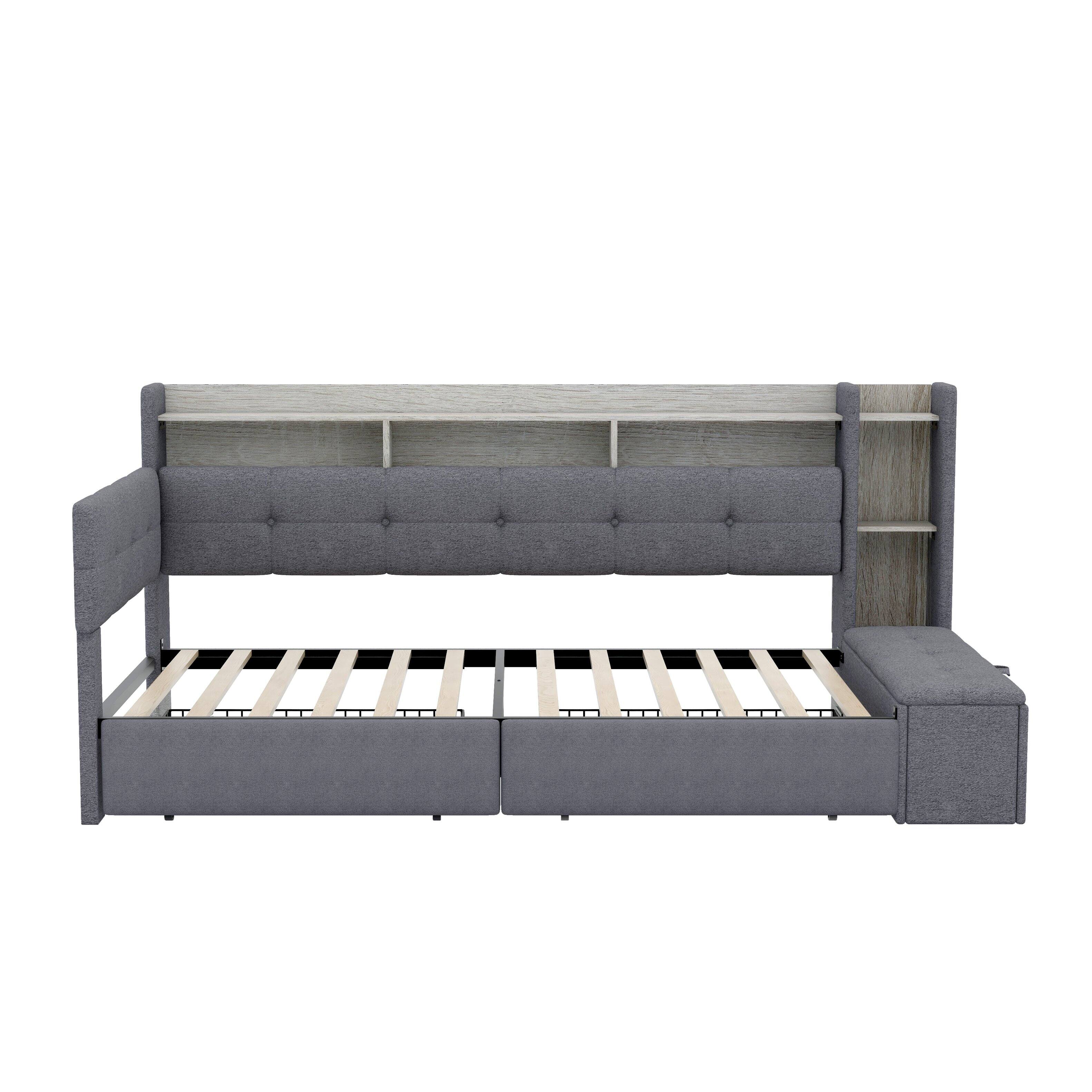Back. Whisen - Upholstered Daybed with Storage Drawers, LED Light, USB Ports & Footstool - Gray.