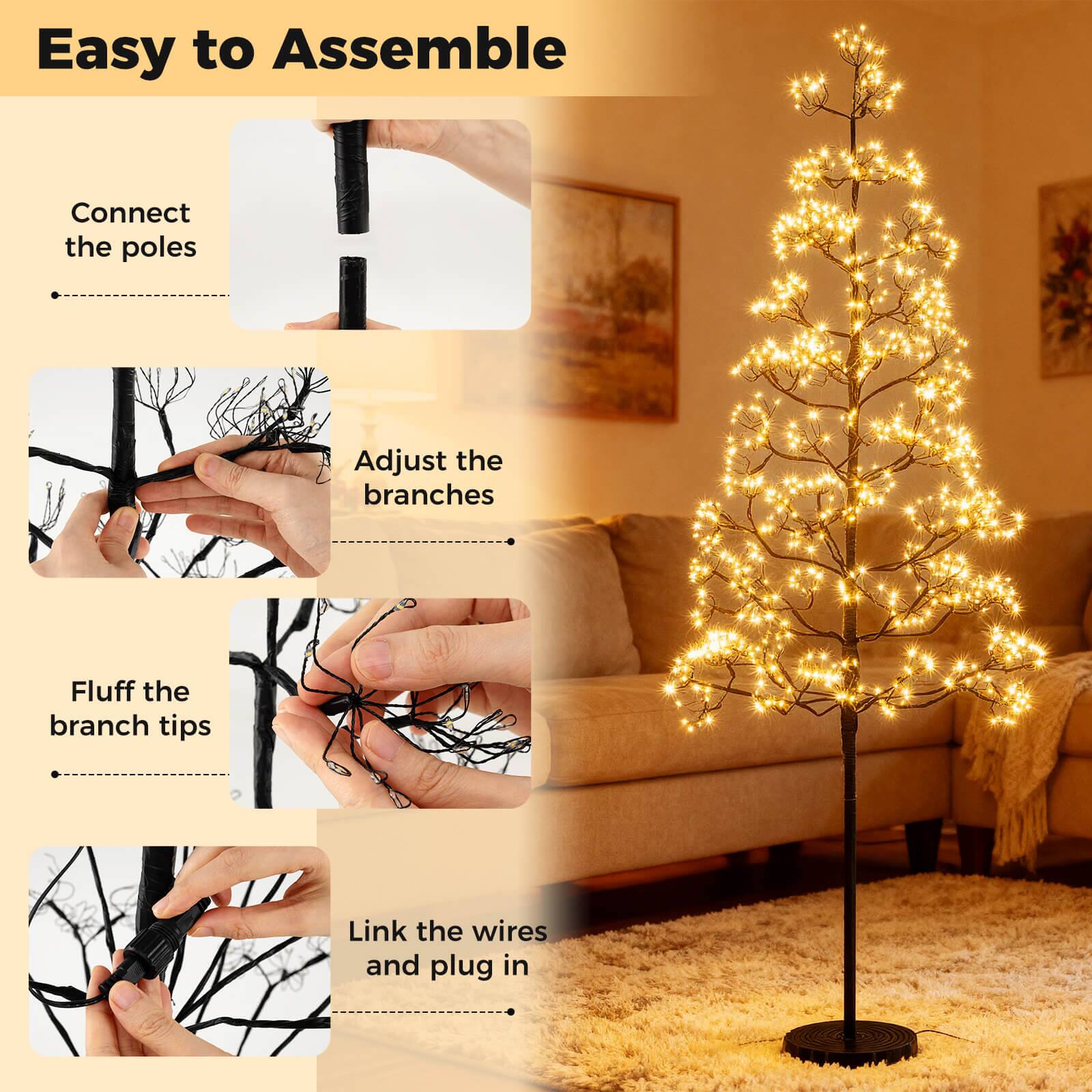 Easy to Assemble

1. Connect the poles
2. Adjust the branches
3. Fluff the branch tips
4. Link the wires and plug in