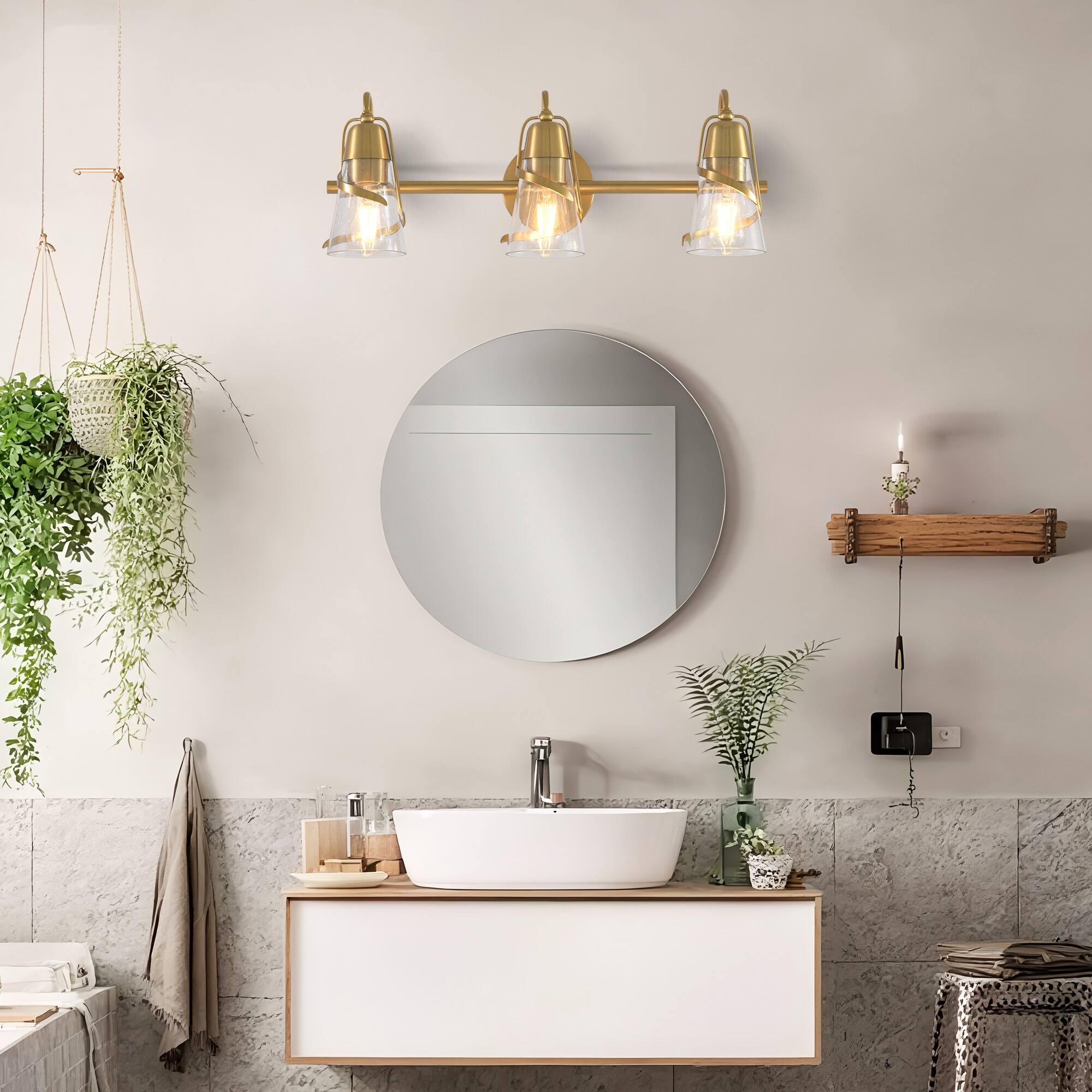 Angle. Parrot Uncle - 24" Modern Gold 3-Light Bathroom Vanity Sonces Wall Light with Seeded Glass Shades - Gold, Clear.