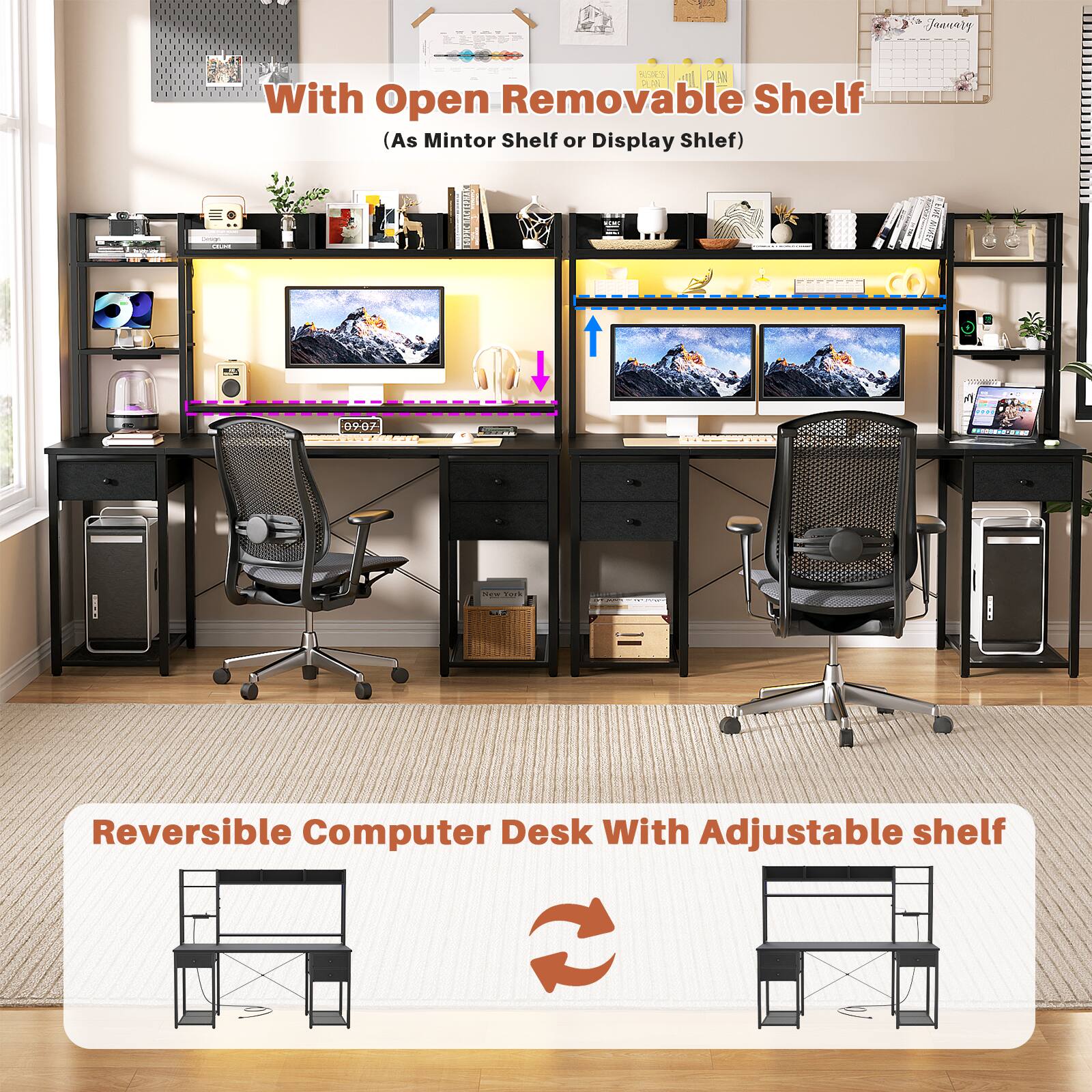 January adA With Open Removable Shelf (As Monitor Shelf or Display Shelf)  
Reversible Computer Desk With Adjustable Shelf