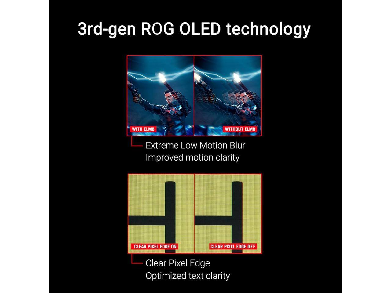 3rd-gen ROG OLED technology

WITH ELMB WITHOUT ELMB
Extreme Low Motion Blur
Improved motion clarity

CLEAR PIXEL EDGE ON CLEAR PIXEL EDGE OFF
Clear Pixel Edge
Optimized text clarity