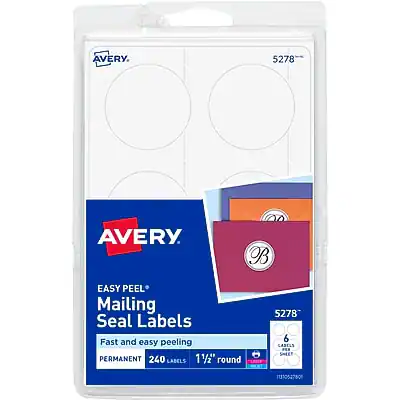AVERY
5278
EASY PEEL Mailing Seal Labels
Fast and easy peeling
PERMANENT
240 LABELS
1 1/2" round
6 LABELS PER SHEET
5278