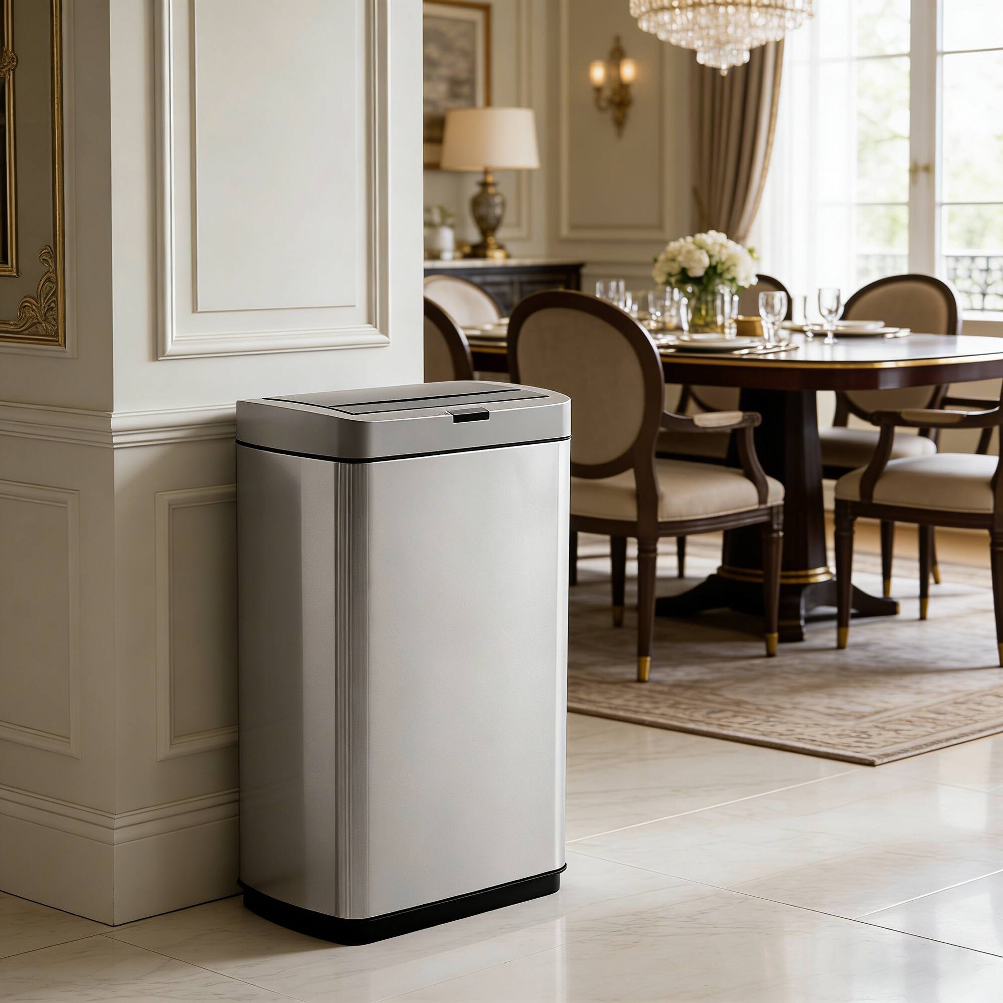 Alt View 4. Innovaze - 13-Gallon Stainless Steel Motion Sensor Trash Can with Butterfly Lid for Kitchen - Silver.