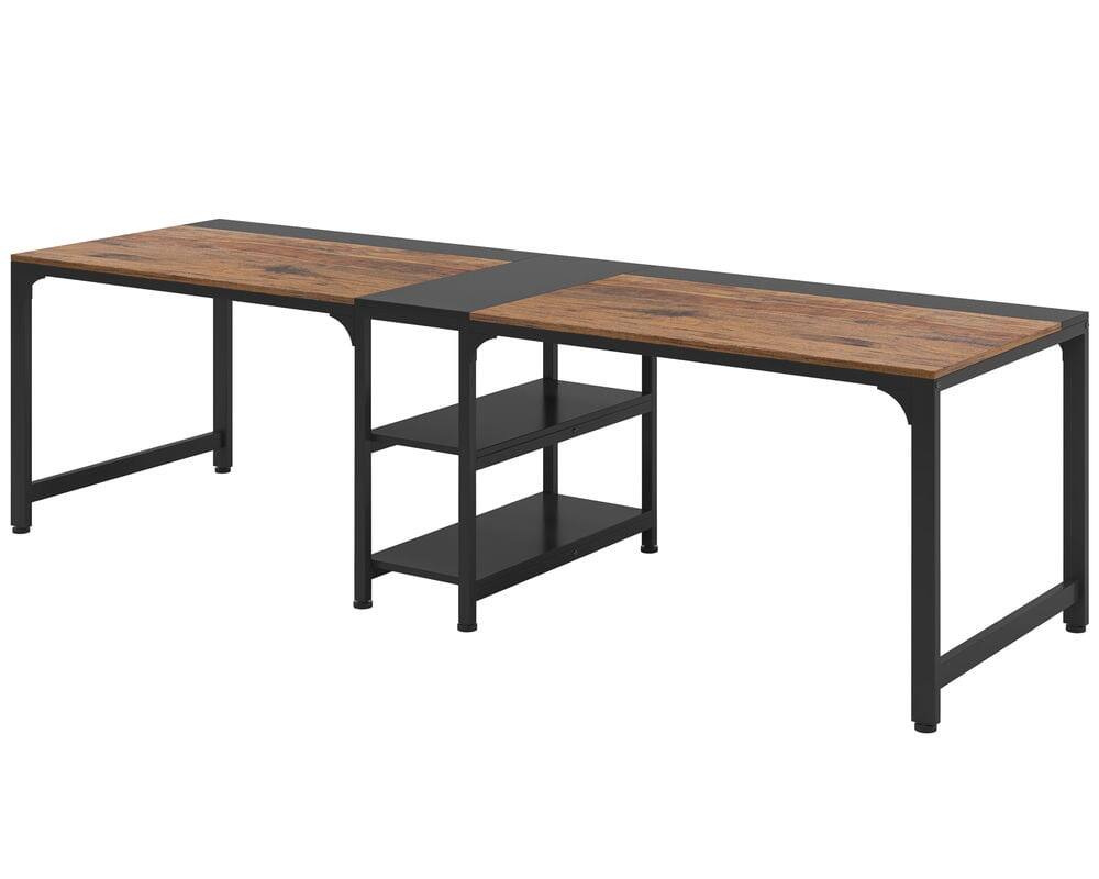 Alt View 1. Kadyn - Kadyn Study Writing Desk, Computer Desk,90.55" Two Person Desk, Double Computer Desk with Storage Shelves,Rustic & Black - Brown.