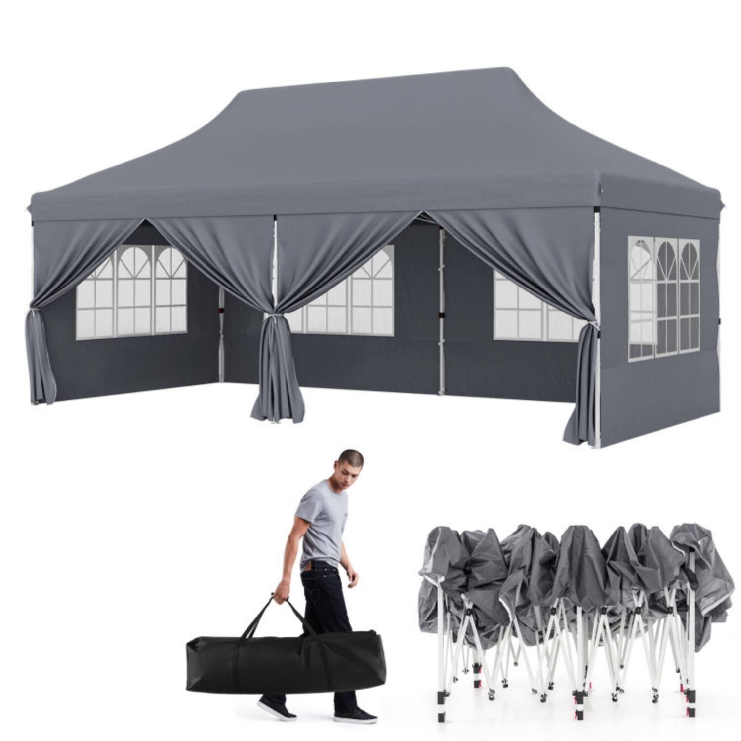 Alt View 4. Mondawe - 10x20 FT Pop Up Canopy w 6 Sidewalls & Windows UPF 50+ for 15-20 People Party Wedding - Grey.