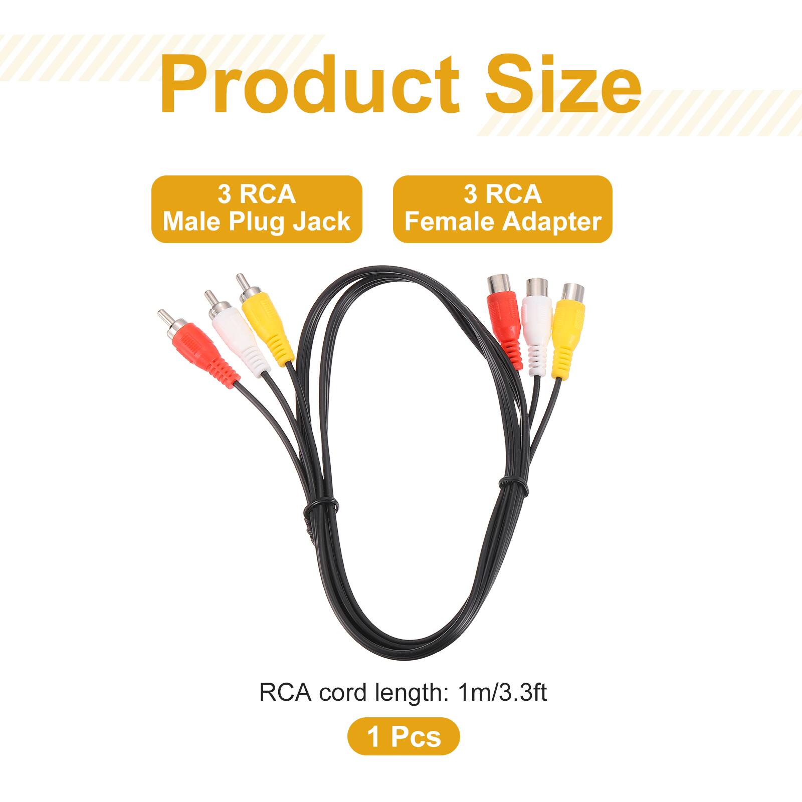 Product Size  
3 RCA Male Plug Jack  
3 RCA Female Adapter  
RCA cord length: 1m/3.3ft  
1 Pcs