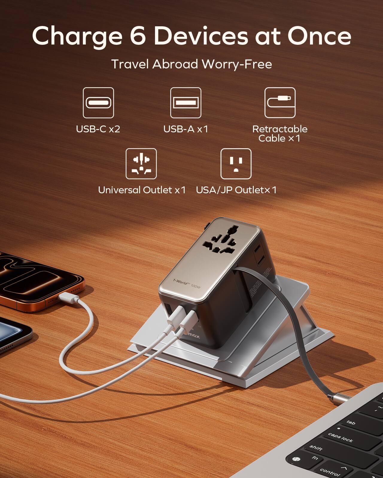 Charge 6 Devices at Once  
Travel Abroad Worry-Free  

USB-C x2  
USB-A x1  
Retractable Cable x 1  
Universal Outlet x1  
USA/JP Outlet x1  

100W max