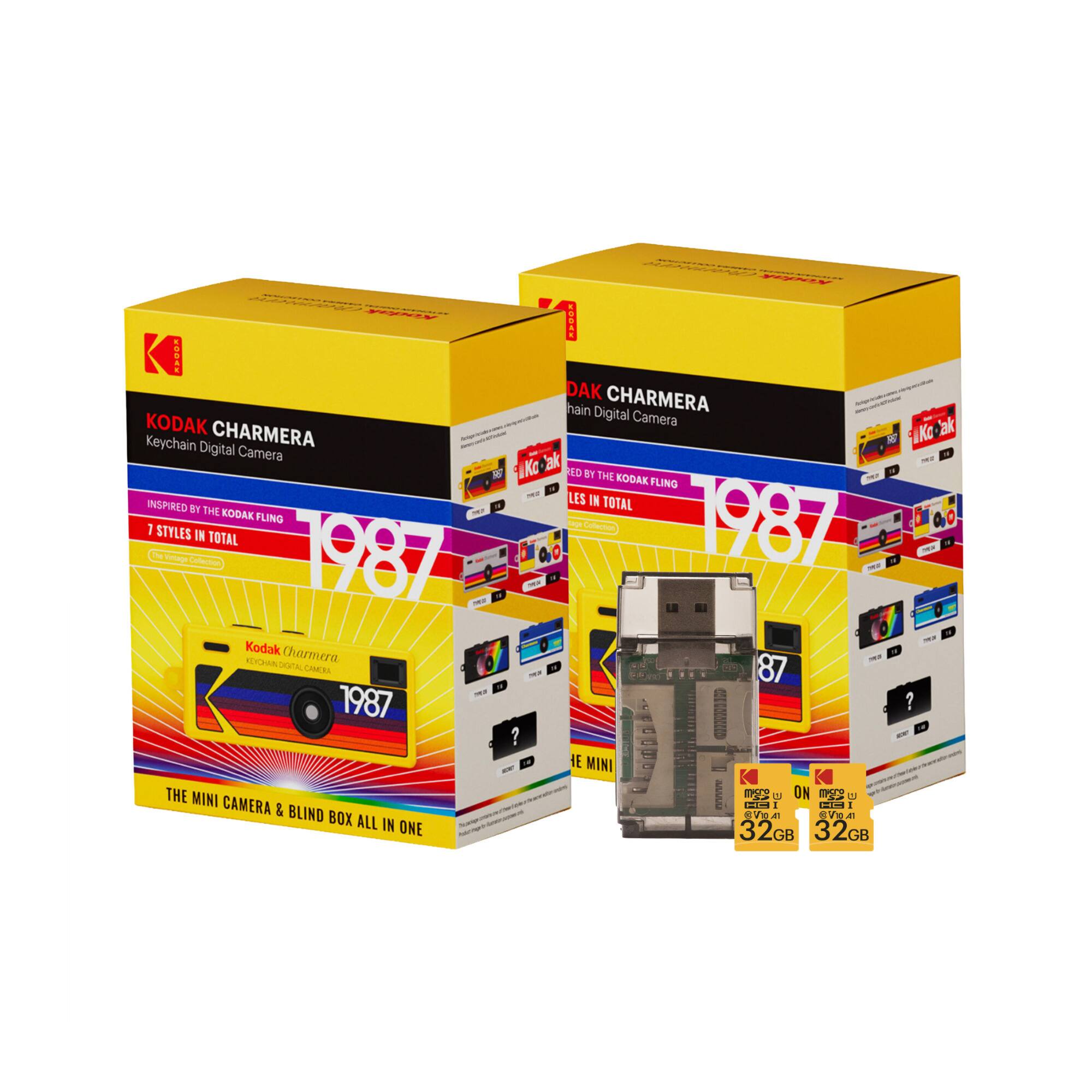 KODAK CHARMERA  
Keychain Digital Camera  

INSPIRED BY THE KODAK FLING  
7 STYLES IN TOTAL  

1987  

THE MINI CAMERA & BLIND BOX ALL IN ONE  

32GB