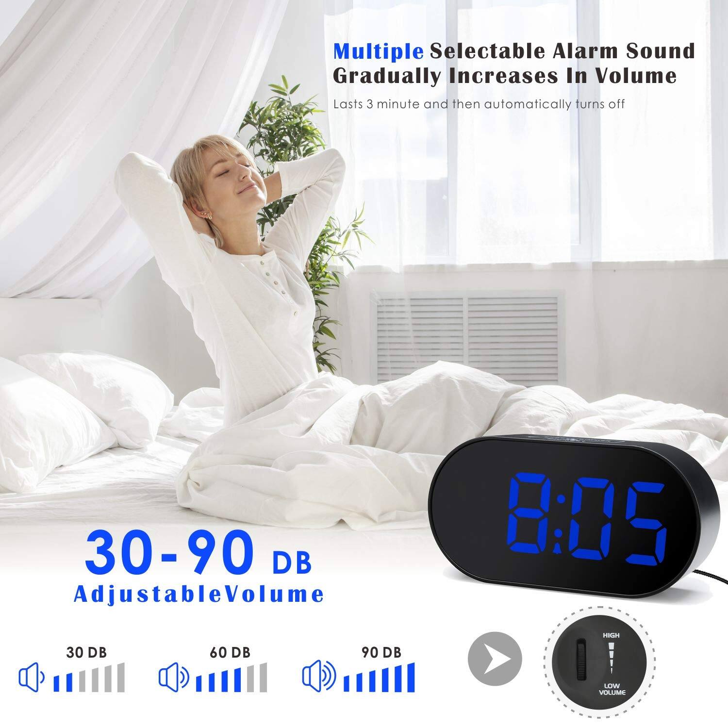 Multiple Selectable Alarm Sound Gradually Increases In Volume  
Lasts 3 minutes and then automatically turns off  

30 - 90 DB Adjustable Volume  

8:05  

30 DB  
60 DB  
90 DB  

HIGH  
LOW VOLUME