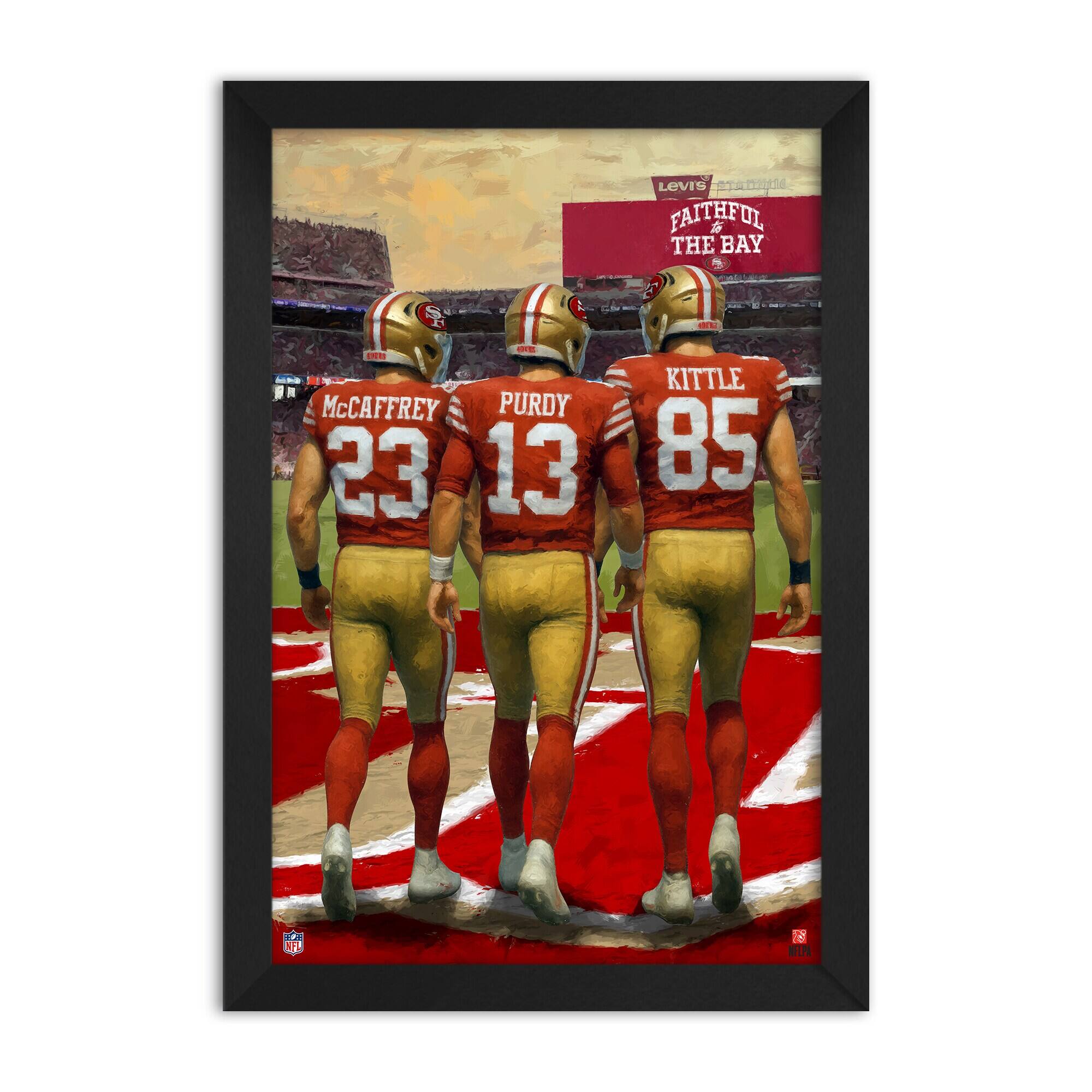 Sporticulture - Christian McCaffrey, Brock Purdy & George Kittle San Francisco 49ers Framed Three-Player Art Print - Red