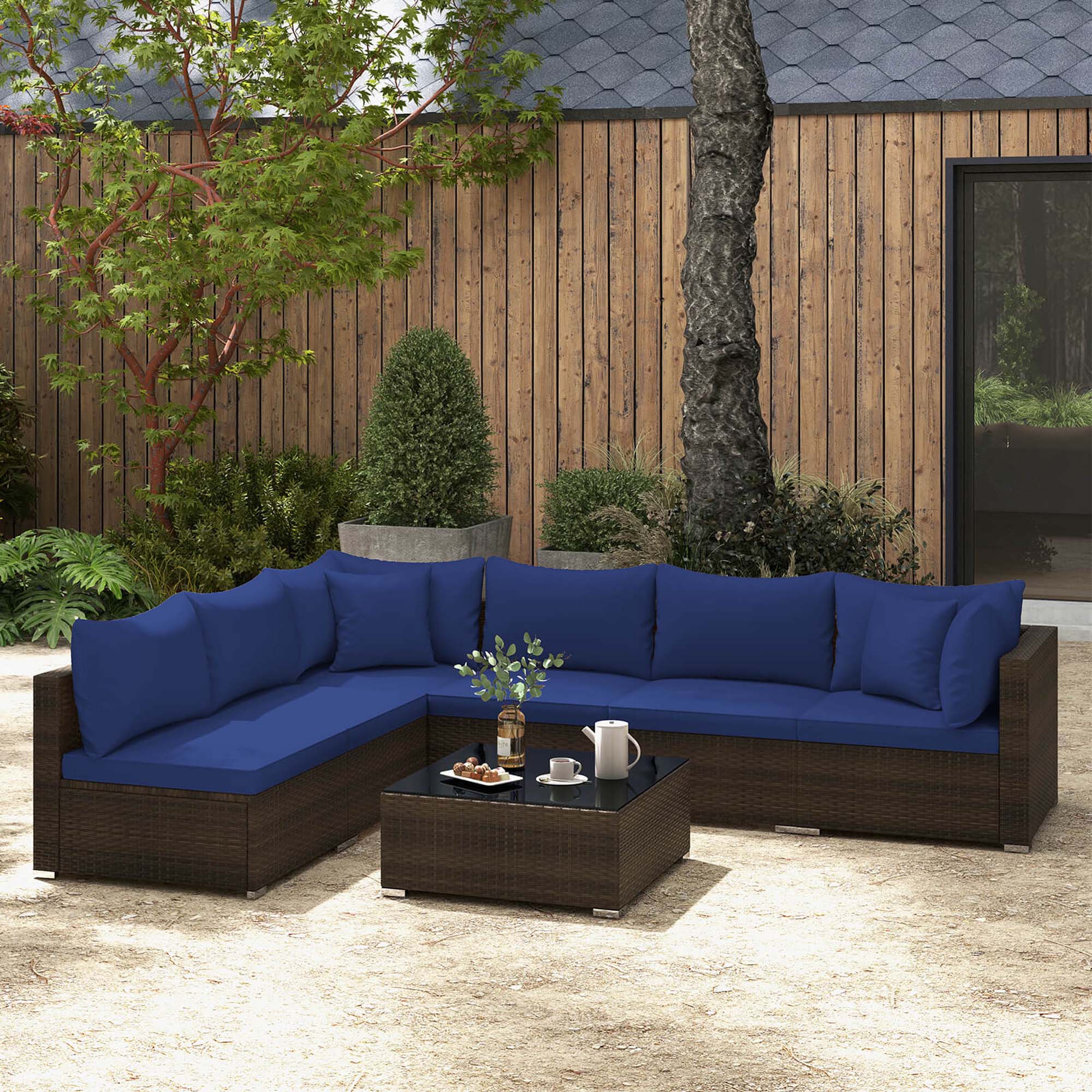 Alt View 3. Costway - 7 PCS Patio Rattan Furniture Set Sectional Sofa Cushioned Garden - Mix Brown,Navy.