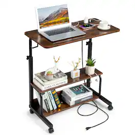 Winado - 31.5" Portable Rolling Desk Mobile Laptop Table on Wheels Height Adjustable Standing Desk with 2 AC Outlets/3 USB Ports - Brown