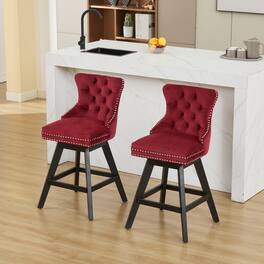 HTUTWOO - Swivel Velvet Barstools Set of 2, with Nailhead Trim, 360° Swivel Comfortable Bar Chairs for Kitchen, Dining Room,Bar - Red