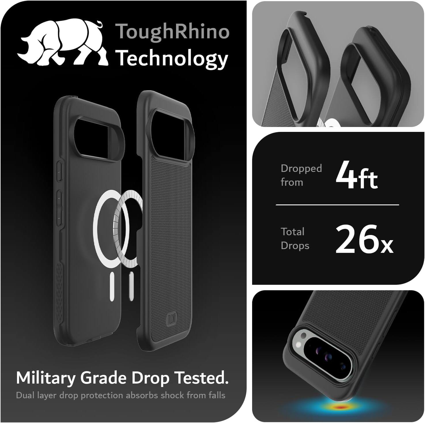 ToughRhino Technology

Military Grade Drop Tested.
Dual layer drop protection absorbs shock from falls.

Dropped from 4ft
Total Drops 26x