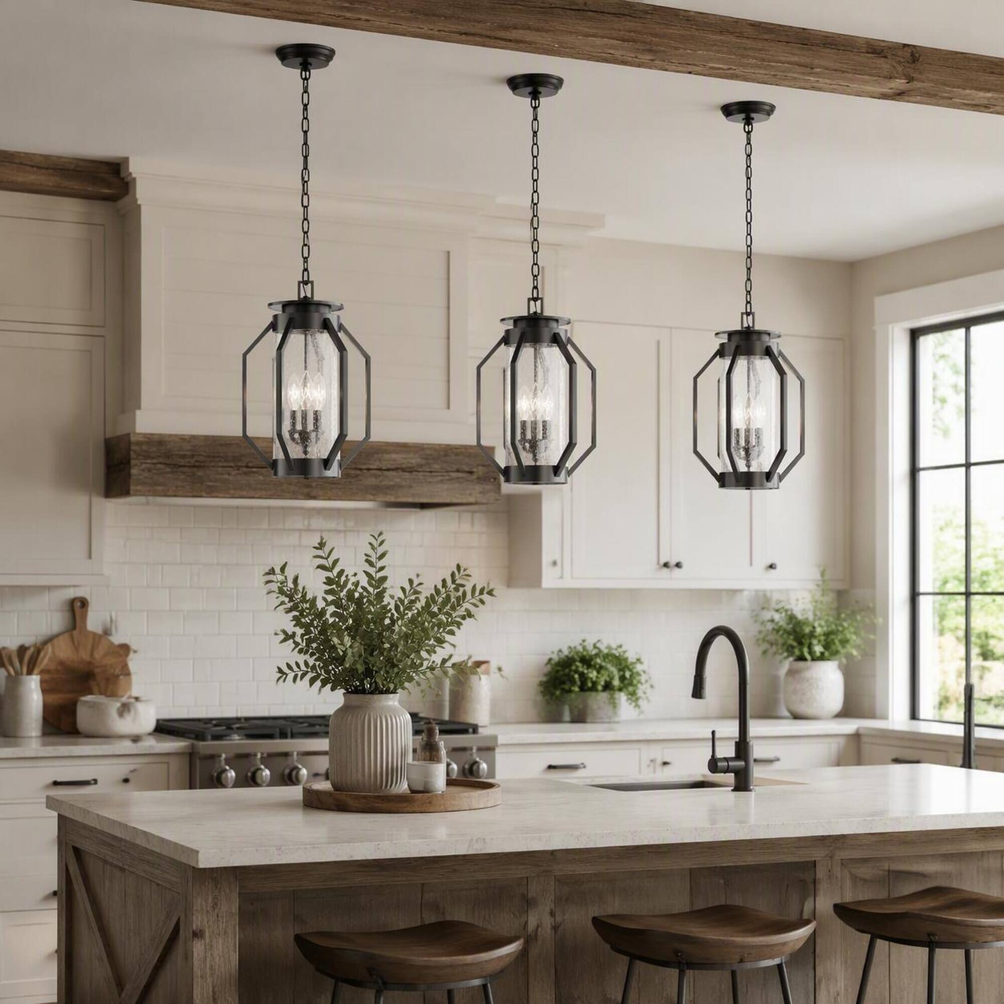 Angle. RYHNUYNE - 3-Light 18 In Oil Rubbed Bronze Outdoor Hanging Lantern, Iron Geometric Frame Seeded Glass Industrial Style - Black.