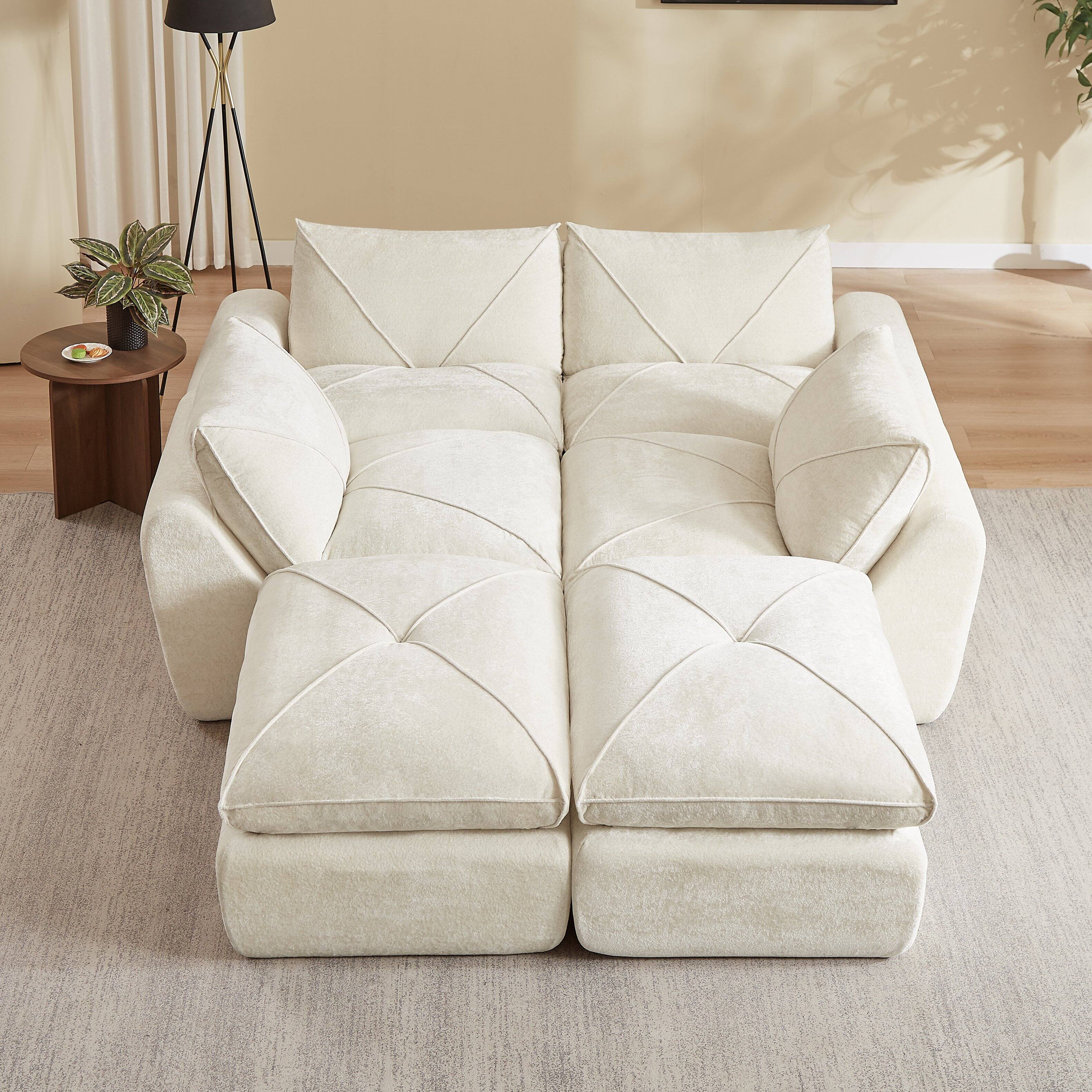 Back. Loheer - Loheer Modern Minimalist Chenille Sectional Sofa with Ottoman Oversized Living Room Couch - Beige.