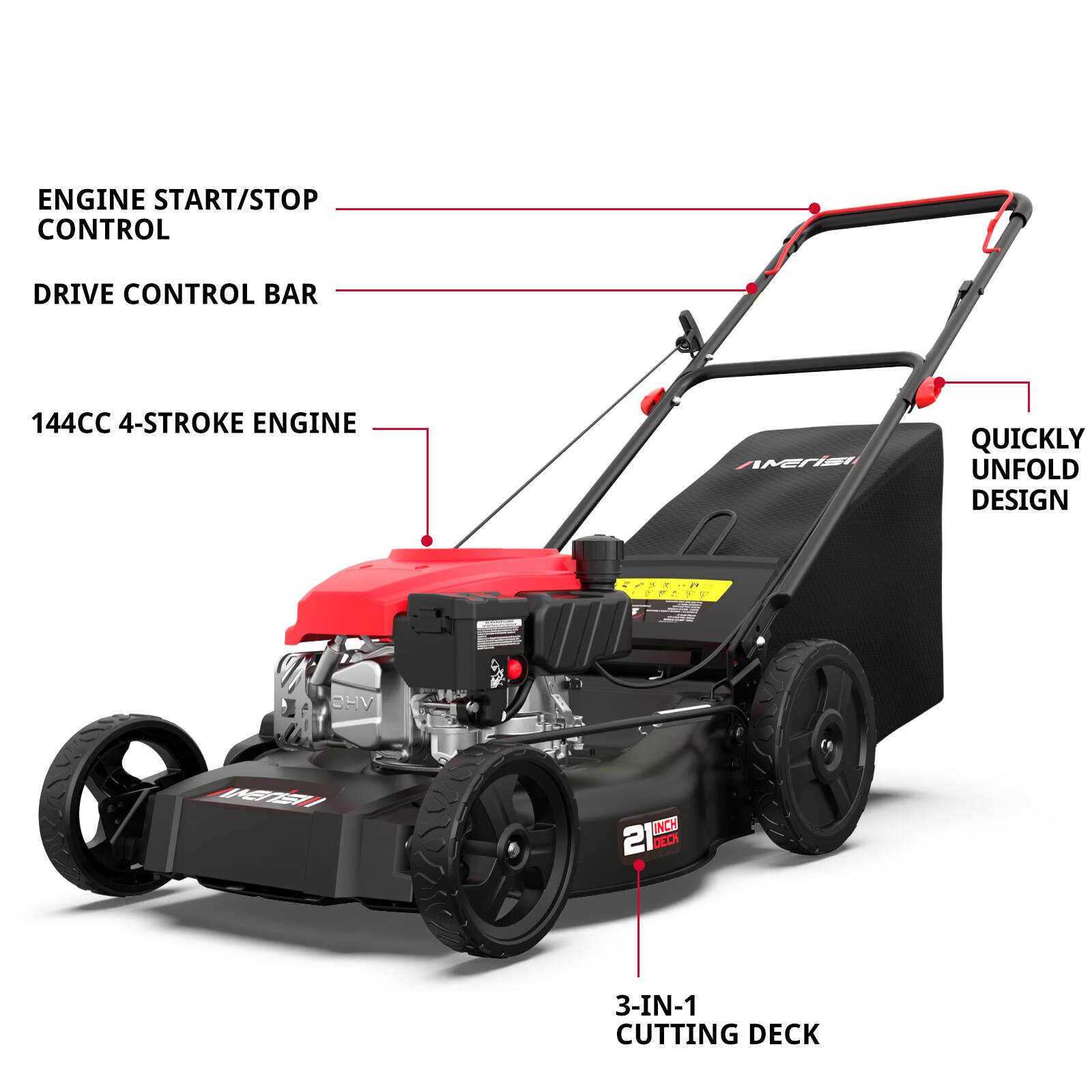 ENGINE START/STOP CONTROL  
DRIVE CONTROL BAR  
144CC 4-STROKE ENGINE  
QUICKLY UNFOLD DESIGN  
3-IN-1 CUTTING DECK