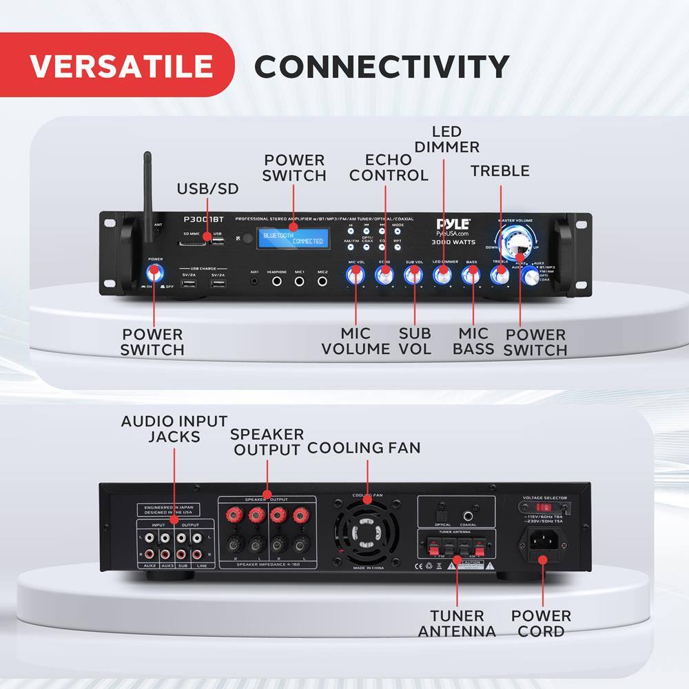 VERSATILE CONNECTIVITY

- USB/SD
- POWER SWITCH
- ECHO CONTROL
- LED DIMMER
- TREBLE
- POWER SWITCH
- MIC VOLUME
- SUB
- MIC POWER
- BASS SWITCH
- AUDIO INPUT JACKS
- SPEAKER OUTPUT
- COOLING FAN
- TUNER ANTENNA
- POWER CORD

PYLE P3001BT PROFESSIONAL STEREO AMPLIFIER / USB/MP3/SD/CD/ALC/ALC/ALC/ALC/ALC/ALC/ALC/ALC/ALC/ALC/ALC/ALC/ALC/ALC/ALC/ALC/ALC/ALC/ALC/ALC/ALC/ALC/ALC/ALC/ALC/ALC/ALC/ALC/ALC/ALC/ALC/ALC/ALC/ALC/ALC/ALC/ALC/ALC/ALC/ALC/ALC/ALC/ALC/ALC/ALC/ALC/ALC/ALC/ALC/