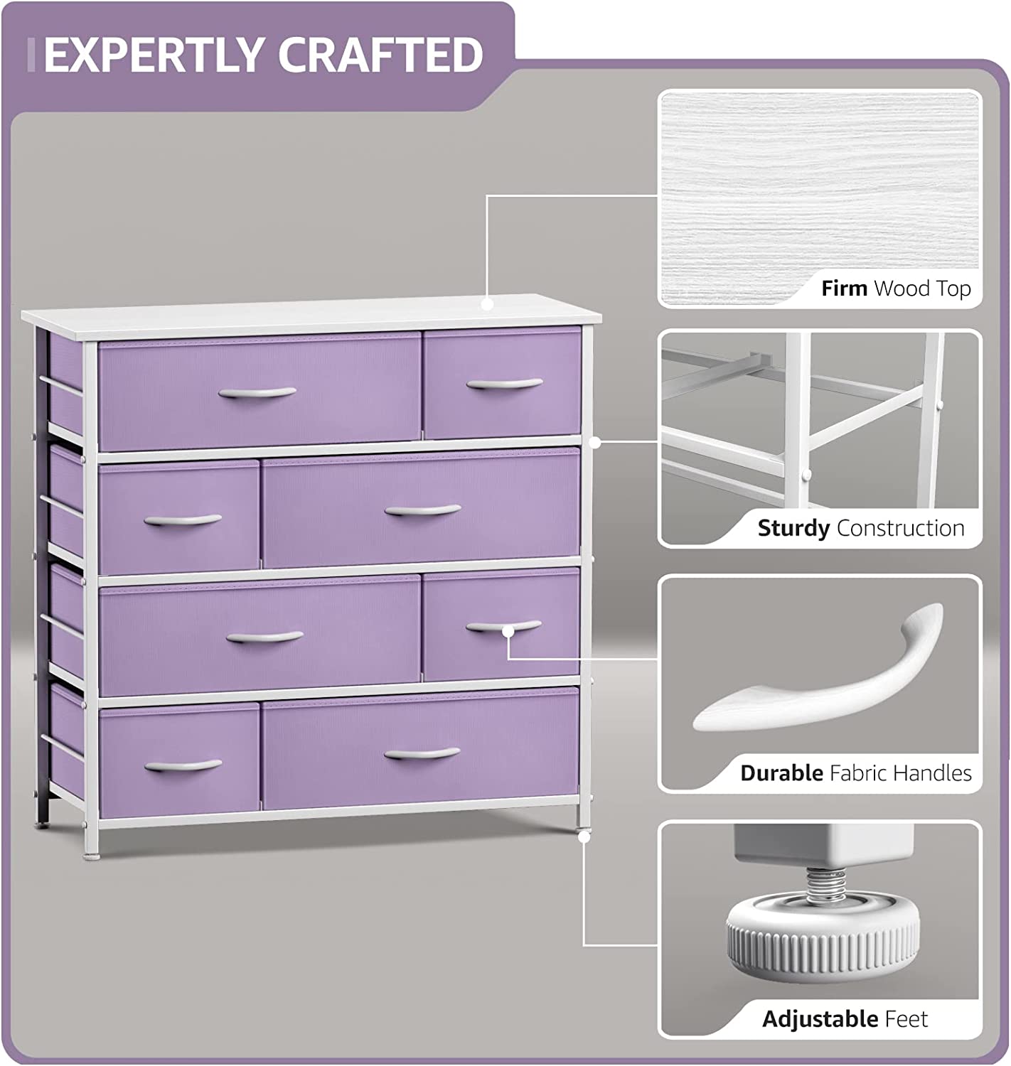 EXPERTLY CRAFTED

- Firm Wood Top
- Sturdy Construction
- Durable Fabric Handles
- Adjustable Feet