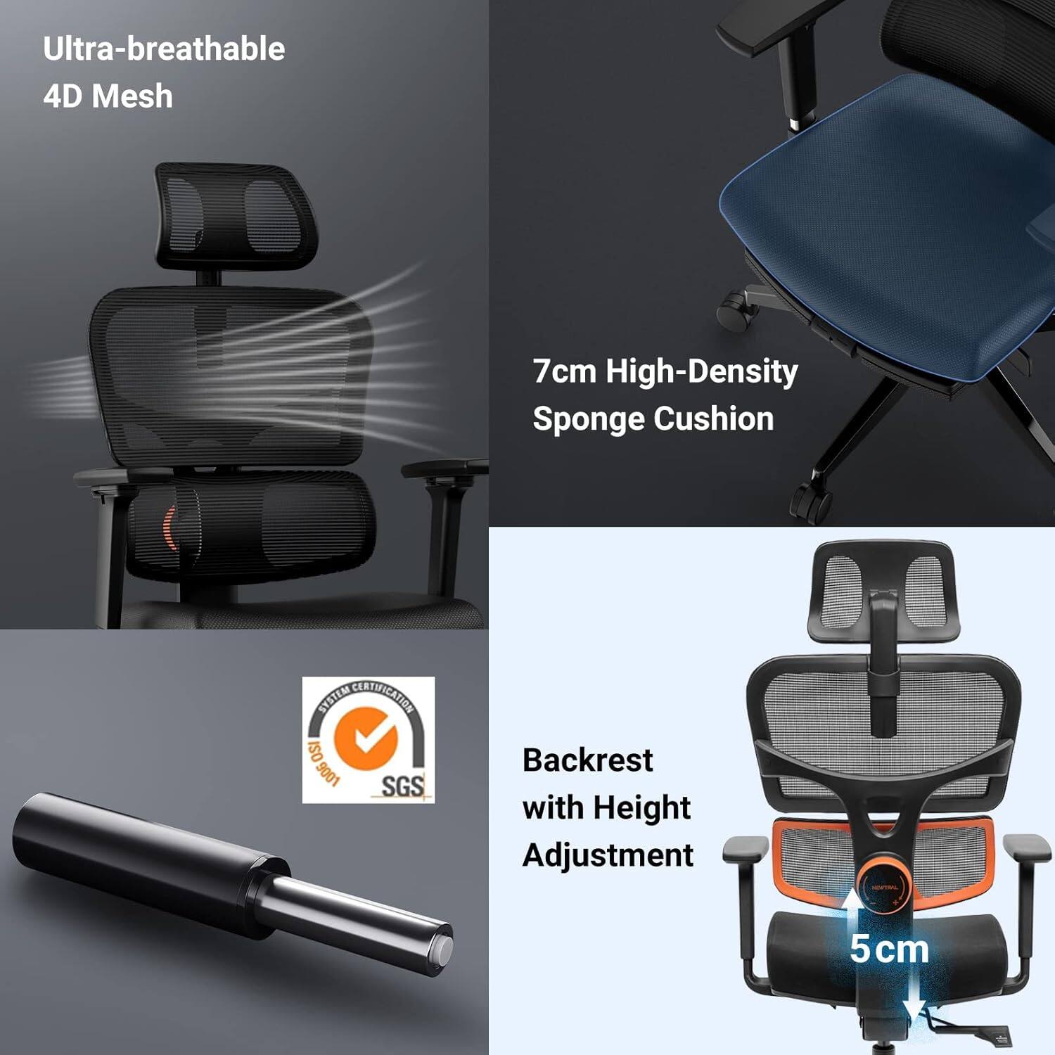 Ultra-breathable 4D Mesh 7cm High-Density Sponge Cushion SYSTEM CATVICATION OS/ 9001 SGS Backrest with Height Adjustment 5 cm.