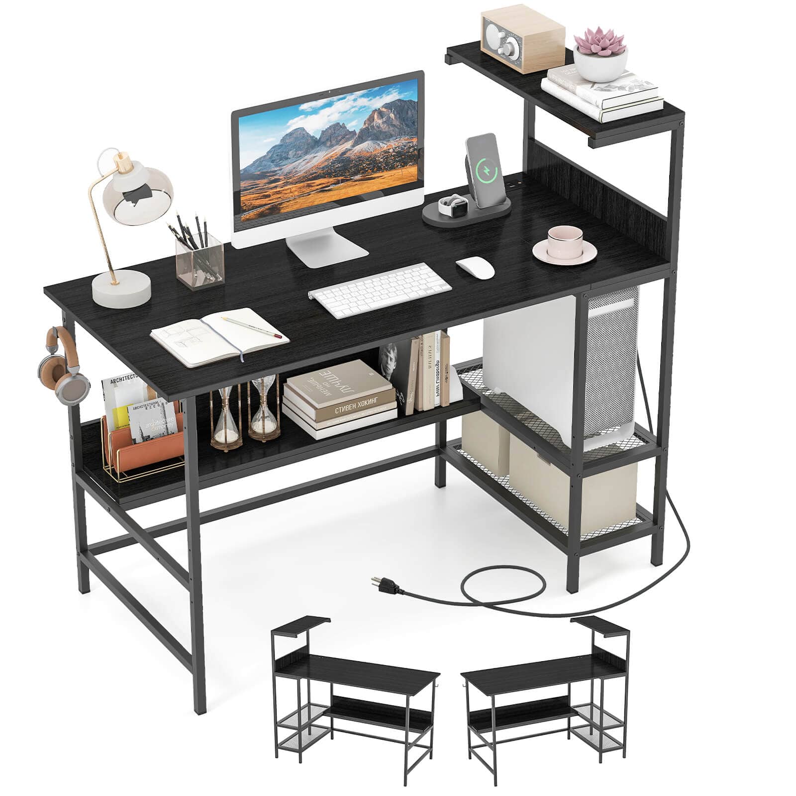 Costway - 48" Computer Desk with Power Outlets, Storage Shelves, Headphone Hook for Gaming - Black