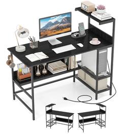 Costway - 48" Computer Desk with Power Outlets, Storage Shelves, Headphone Hook for Gaming - Black