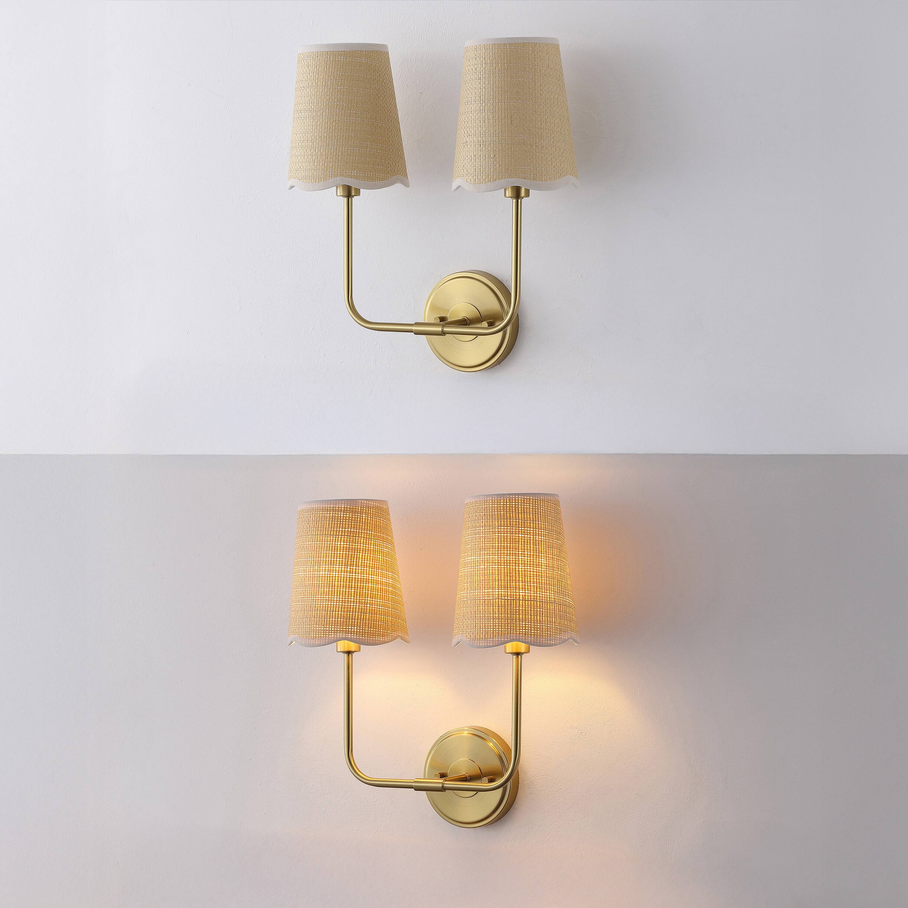 Alt View 4. Jonathan Y - Lila 15" 2-Light Traditional Coastal Scalloped Fabric Shade/Metal LED Vanity Light, Brass Gold/Brown - Brown/White/Brass Gold.