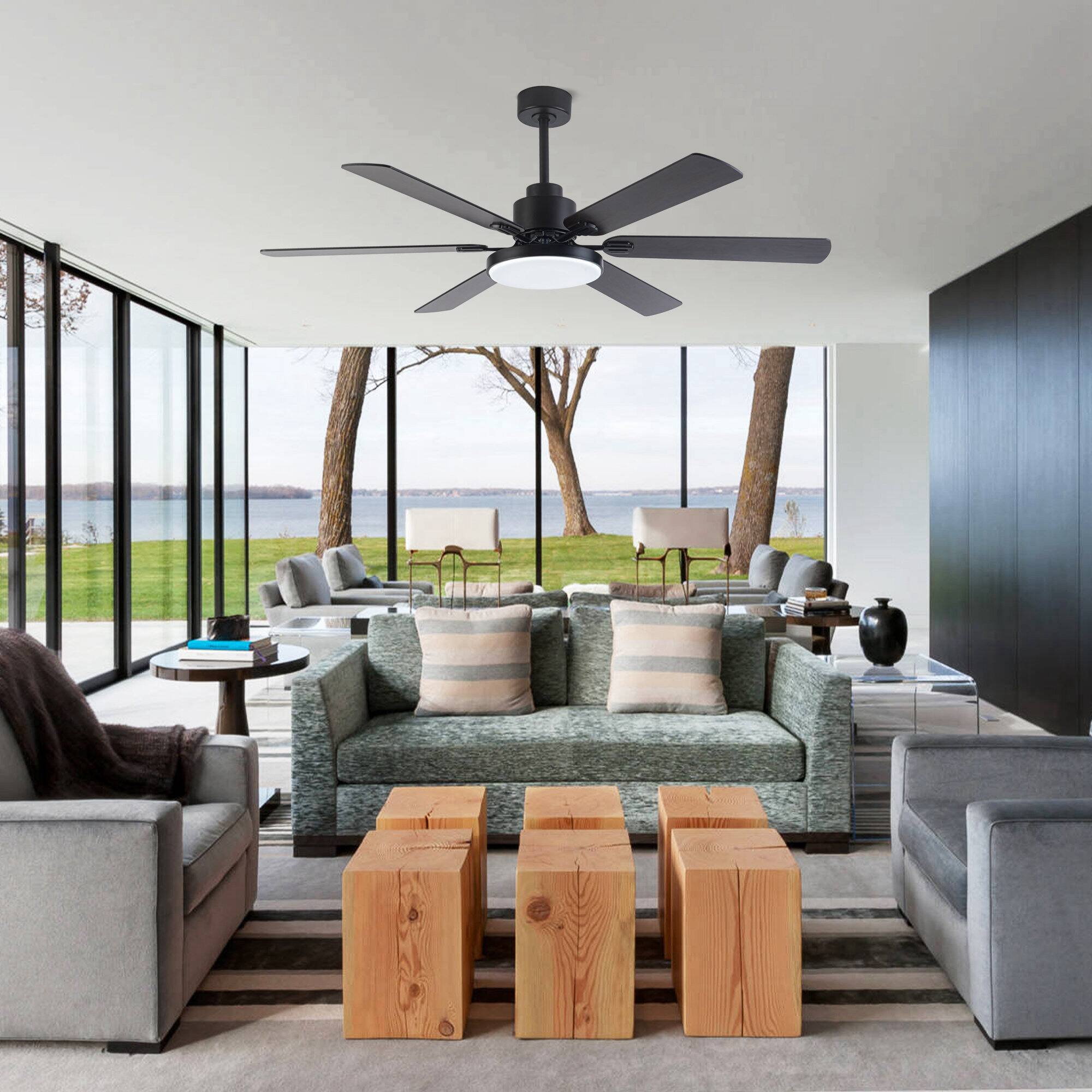 Back. Parrot Uncle - 60" Modern 6-Blade Dimmable LED Ceiling Fan with Light and Remote - Matte Black.