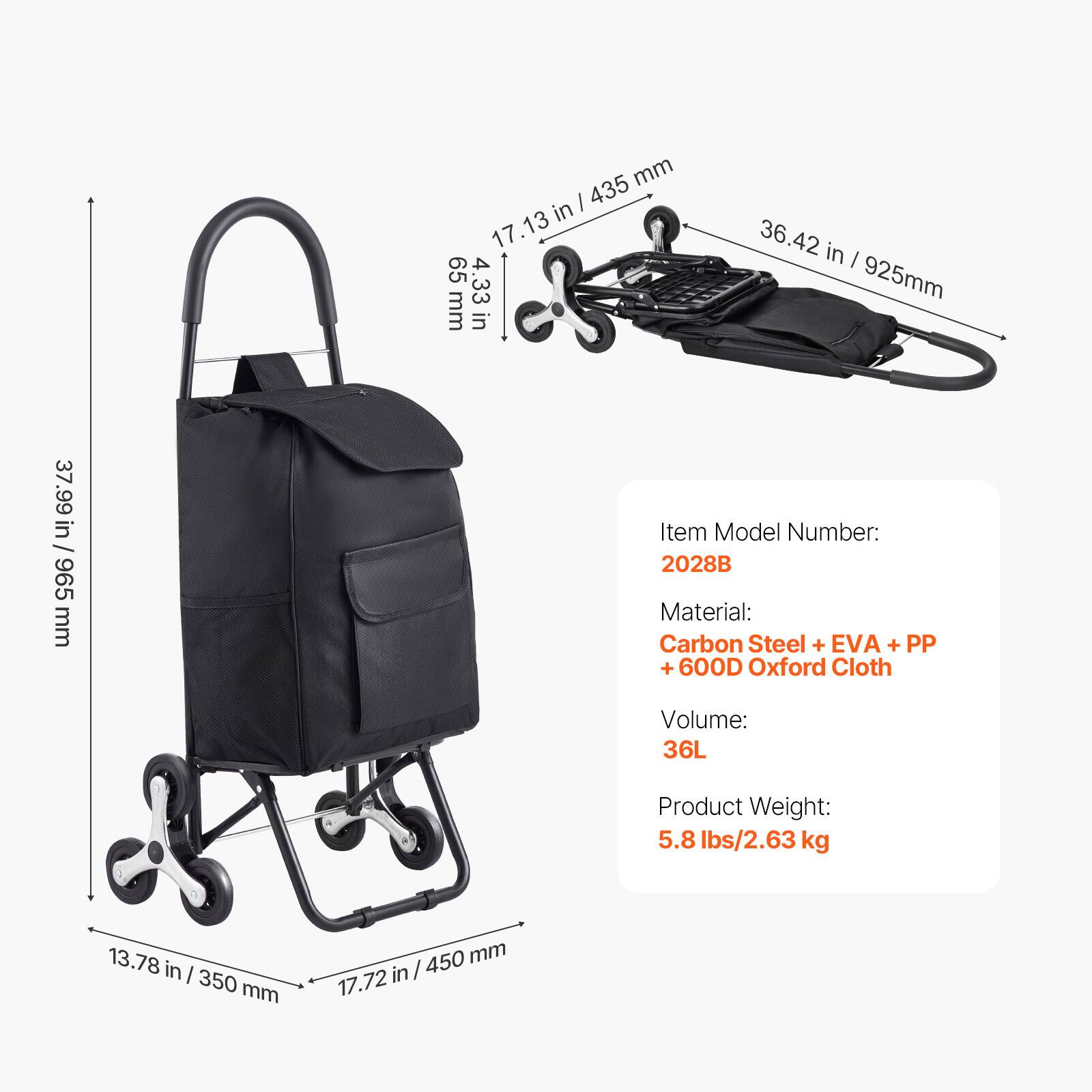 mm I 435 in 17.13 65 4.33 mm in 36.42 in I 925mm 37.99 in / 37.99 in / 965 mm

Item Model Number: 2028B  
Material: Carbon Steel + EVA + PP + 600D Oxford Cloth  
Volume: 36L  
Product Weight: 5.8 lbs / 2.63 kg  

13.78 in / 350 mm  
17.72 in / 450 mm