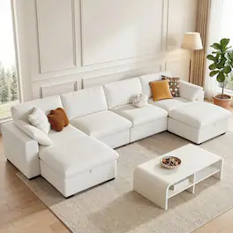 Dyonery - 160" Oversized Cloud Sectional Sofa, U-Shaped Modular Couch with Storage Ottoman, Linen Fabric, Deep Seat, Beige - Beige
