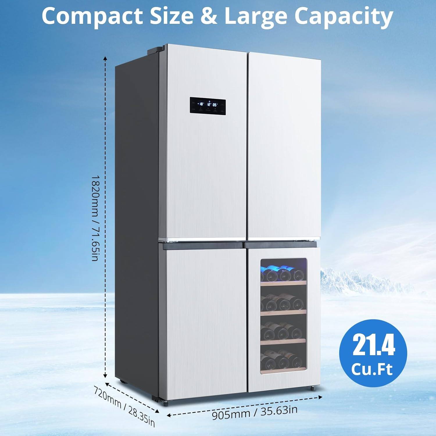 Compact Size & Large Capacity

- Height: 1820mm / 71.65in
- Width: 720mm / 28.35in
- Depth: 905mm / 35.63in
- Capacity: 21.4 Cu.Ft