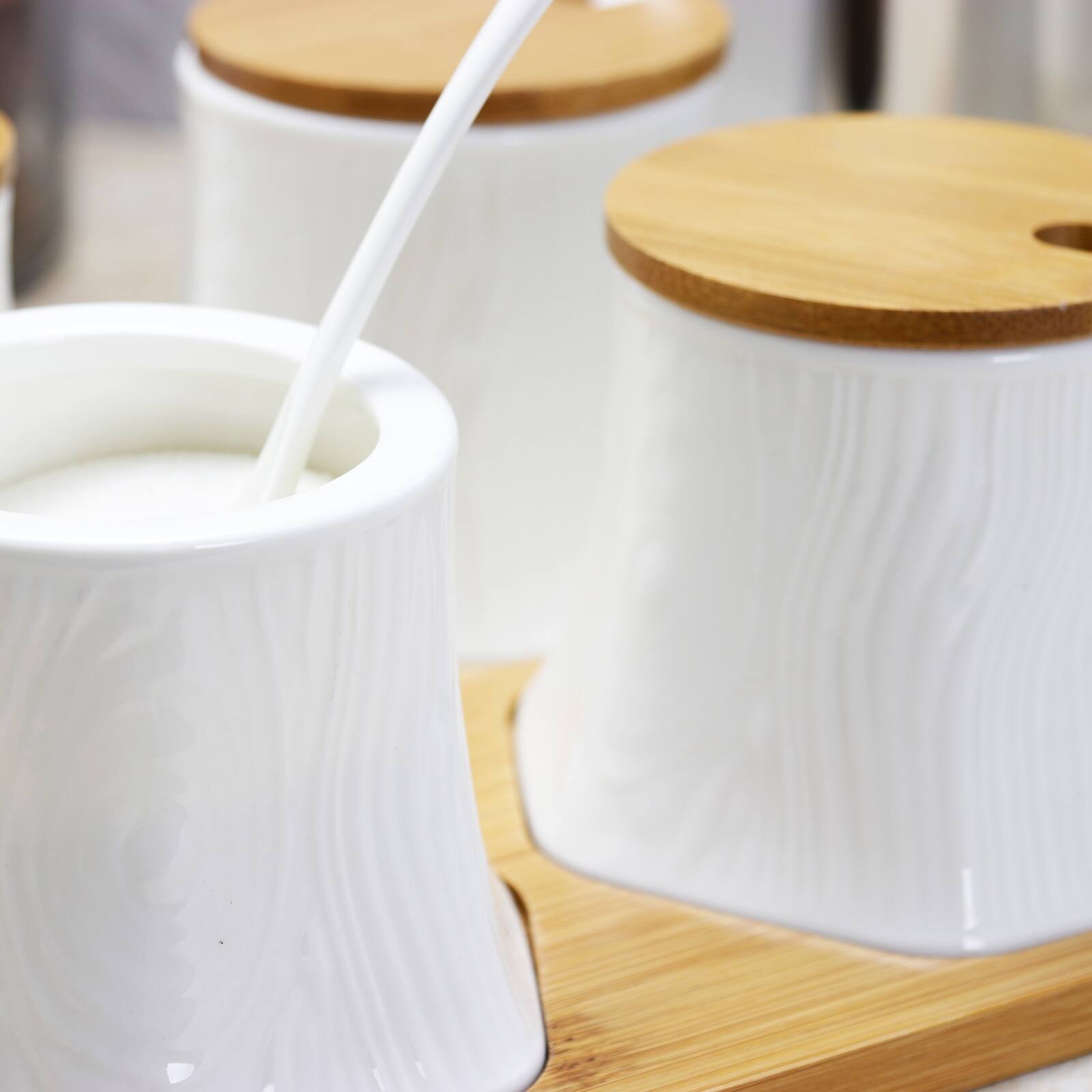 Angle. Elama - Elama Ceramic Spice, Jam and Salsa Jars with Bamboo Lids & Serving Spoons - Brown.