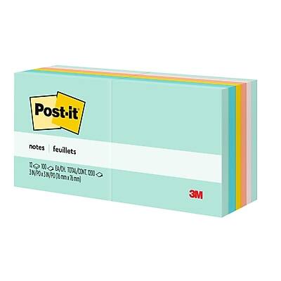 Post-it  
notes / feuillets  

2 pk / 2 paquets  
12 notes / 12 feuilles  
3 in x 3 in / 76 mm x 76 mm  
100 ea / 100 pièces  
3M