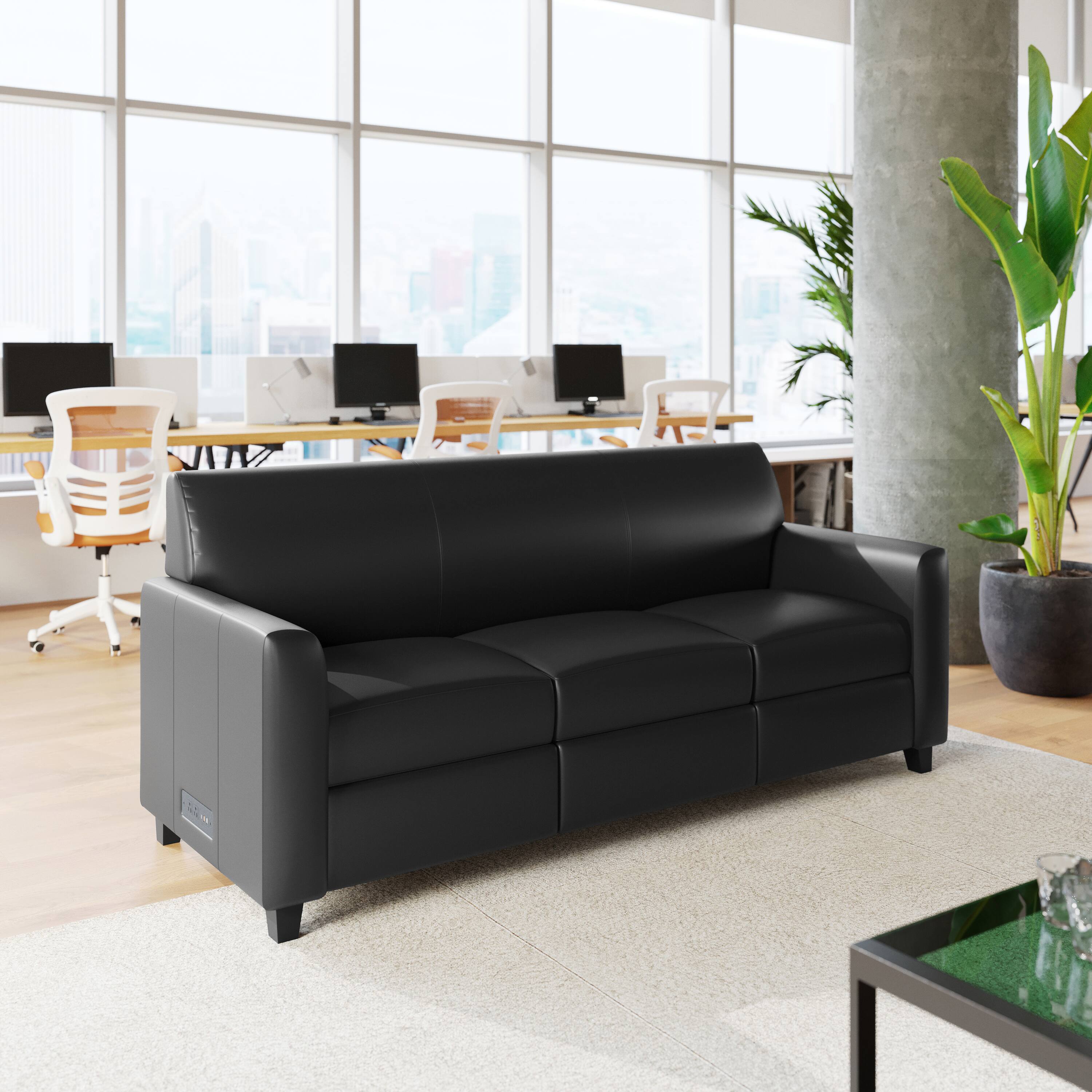 Alt View 1. Flash Furniture - Agent Black LeatherSoft Reception Sofa with Left and Right Side Charging Banks, Includes 2 Outlets, 2USB Ports, 1 USB-C - Black.