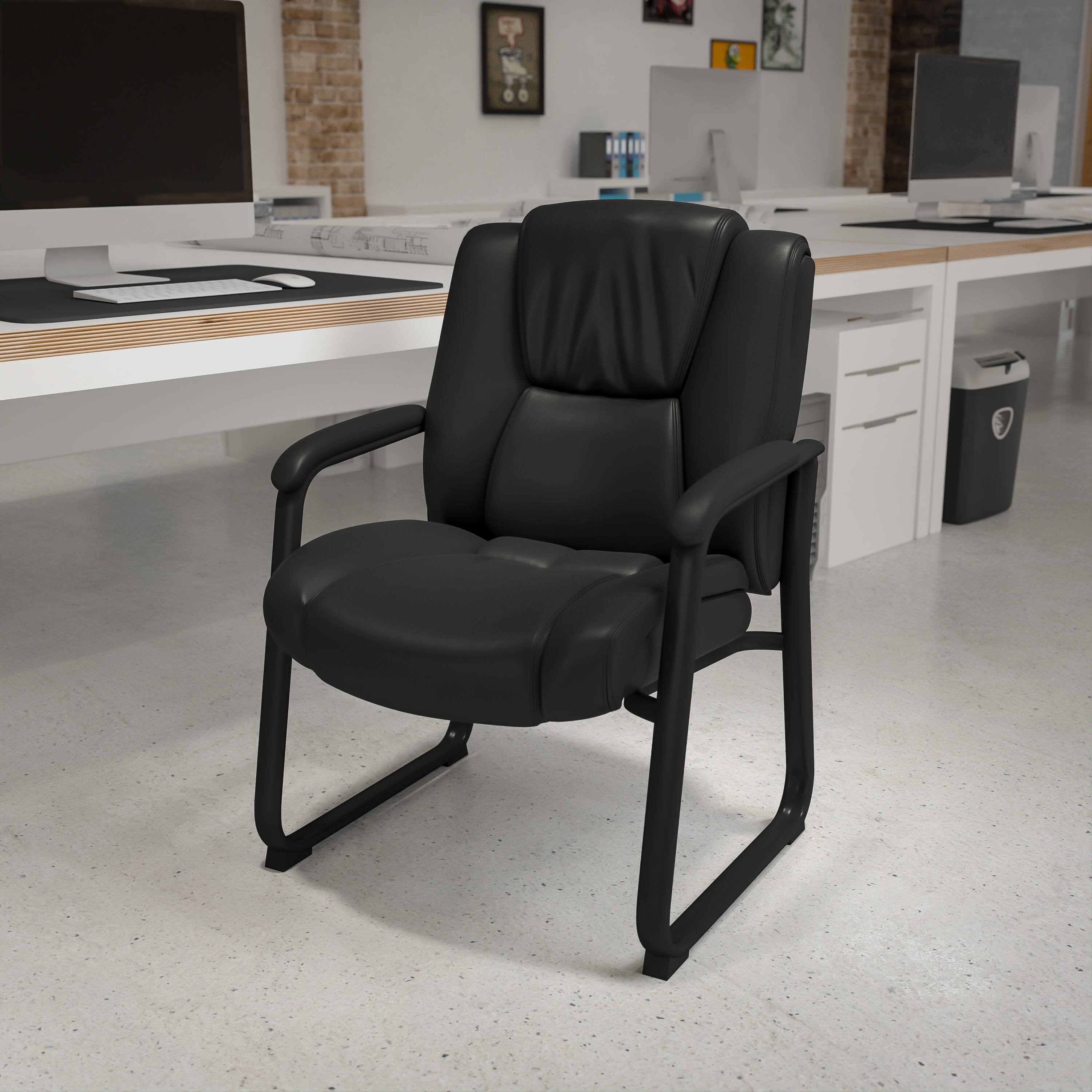 Alt View 1. Emma + Oliver - Big & Tall 500 lb. Rated Leather Tufted Executive Side Reception Chair with Sled Base - Black.