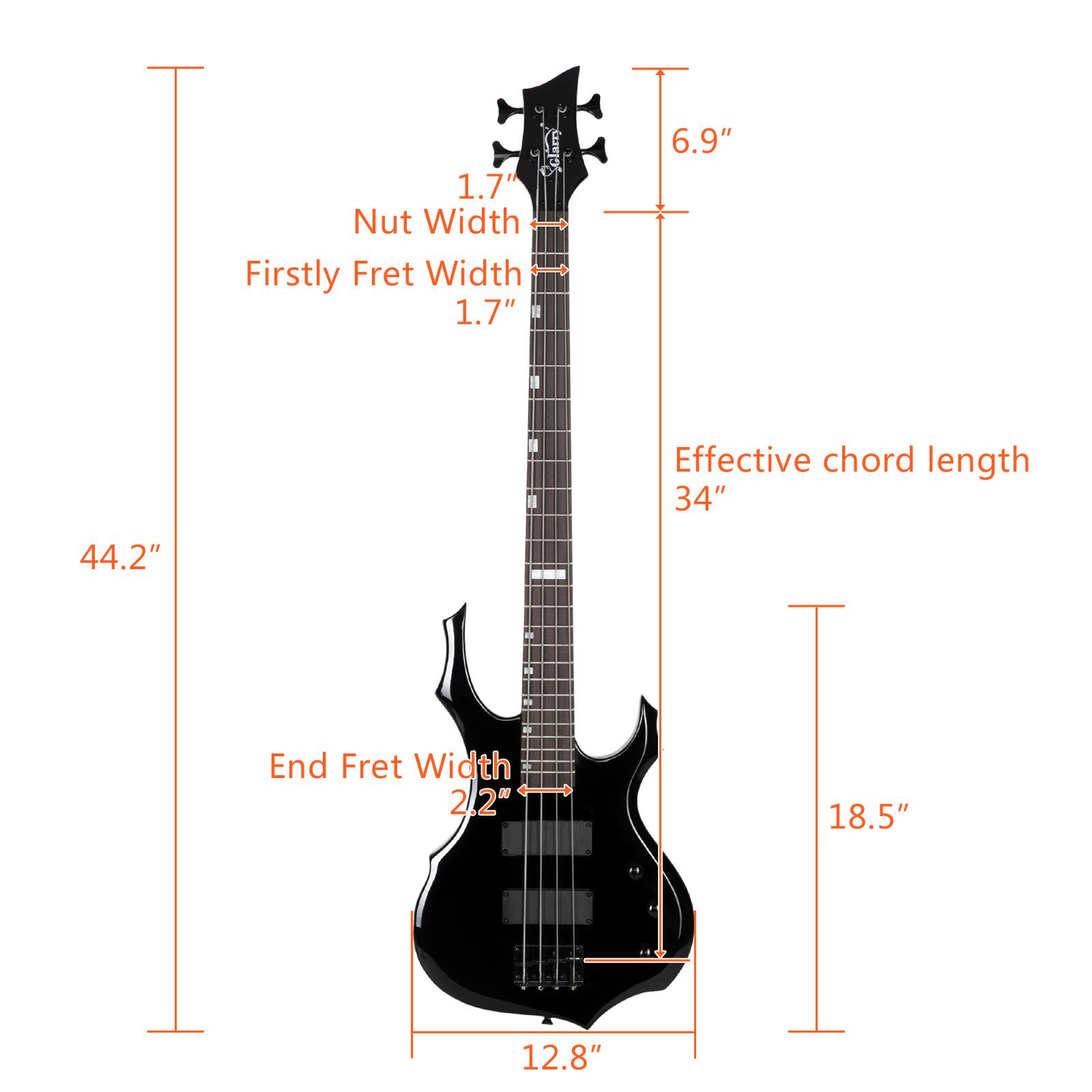 1.7" Nut Width  
Firstly Fret Width 1.7"  
6.9"  
Effective chord length 34"  
44.2"  
End Fret Width - 2.2"  
18.5"  
12.8"