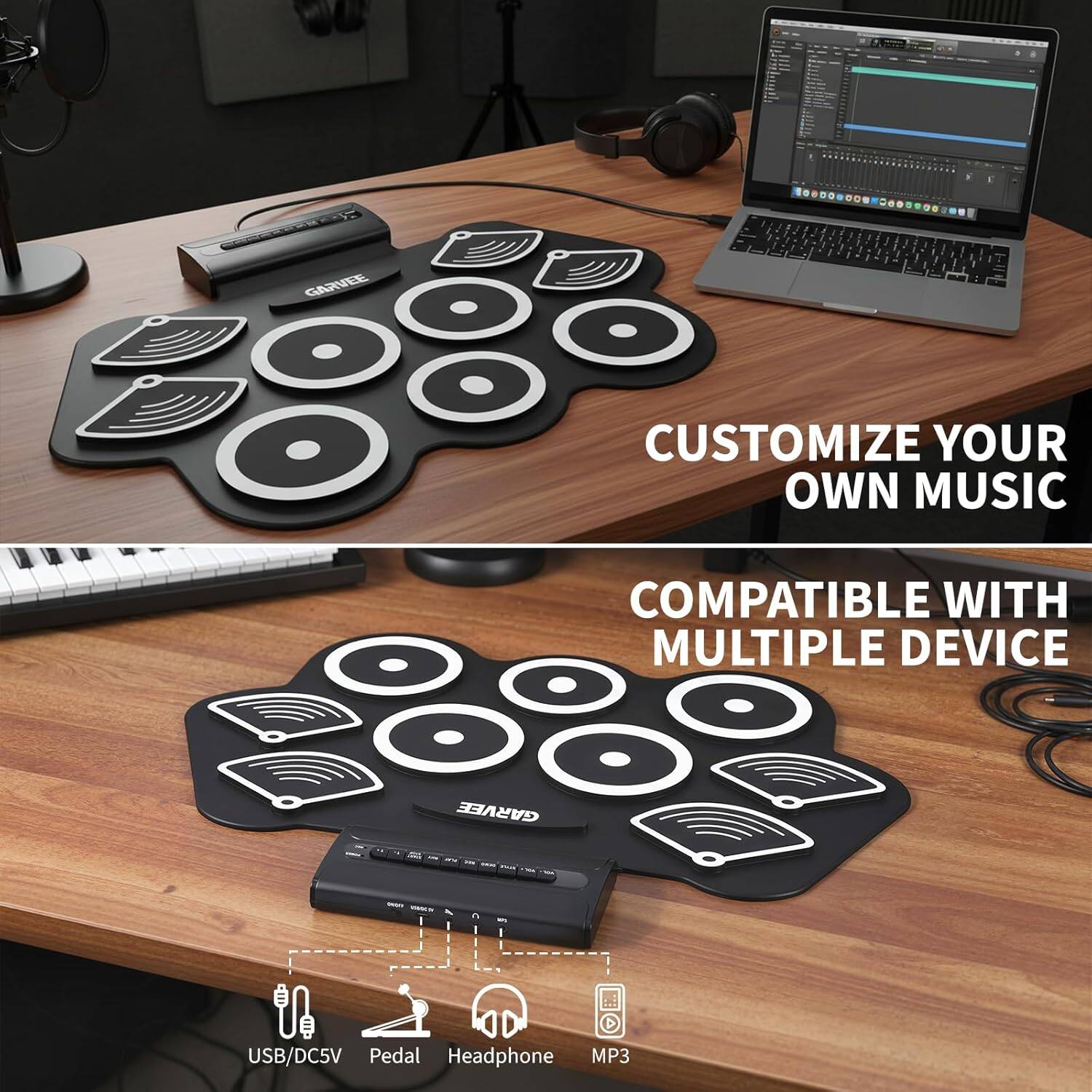 - Customize your own music
- Compatible with multiple devices
- USB/DC5V
- Pedal
- Headphone
- MP3