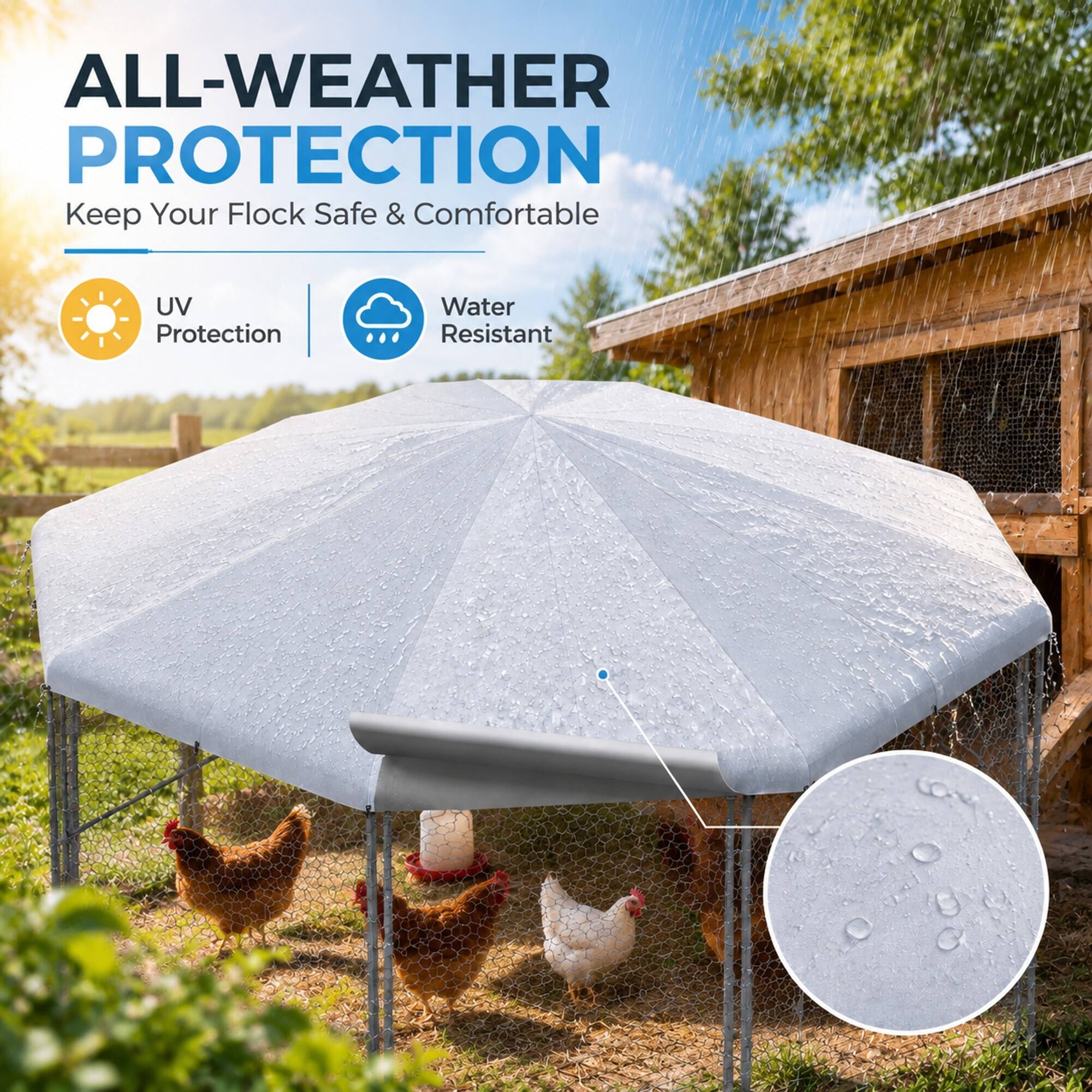 ALL-WEATHER PROTECTION  
Keep Your Flock Safe & Comfortable  

- UV Protection  
- Water Resistant