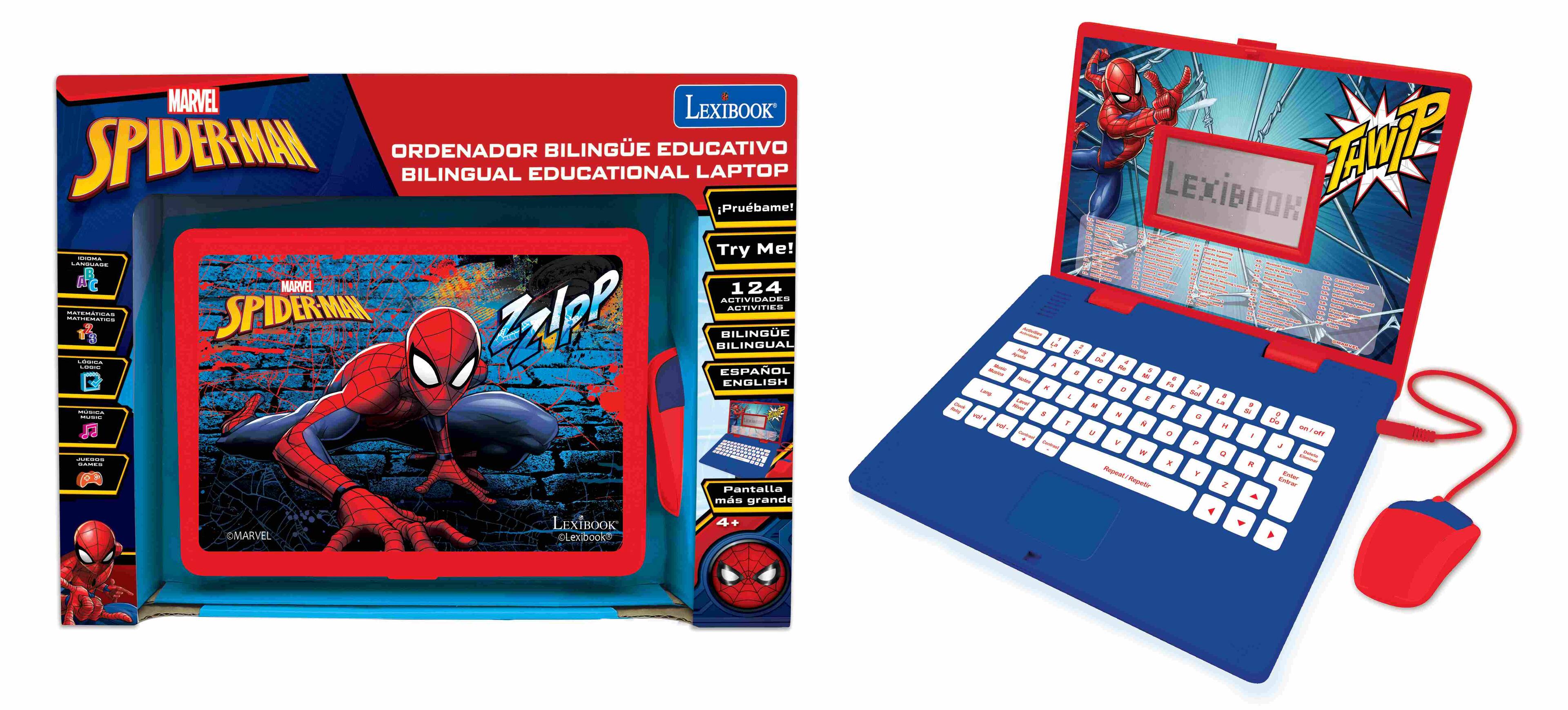 MARVEL LEXIBOOK SPIDERMAN ORDENADOR BILINGUE EDUCATIVO BILINGUAL EDUCATIONAL LAPTOP Prubame! Try Me!  
MARVEL 124 ACTIVIDADES BILINGUE BILINGUAL - ESPAÑOL ENGLISH  
- Pantalla más grande LEXIBOOK MARVEL  
- LEXIBOOK TAWPP