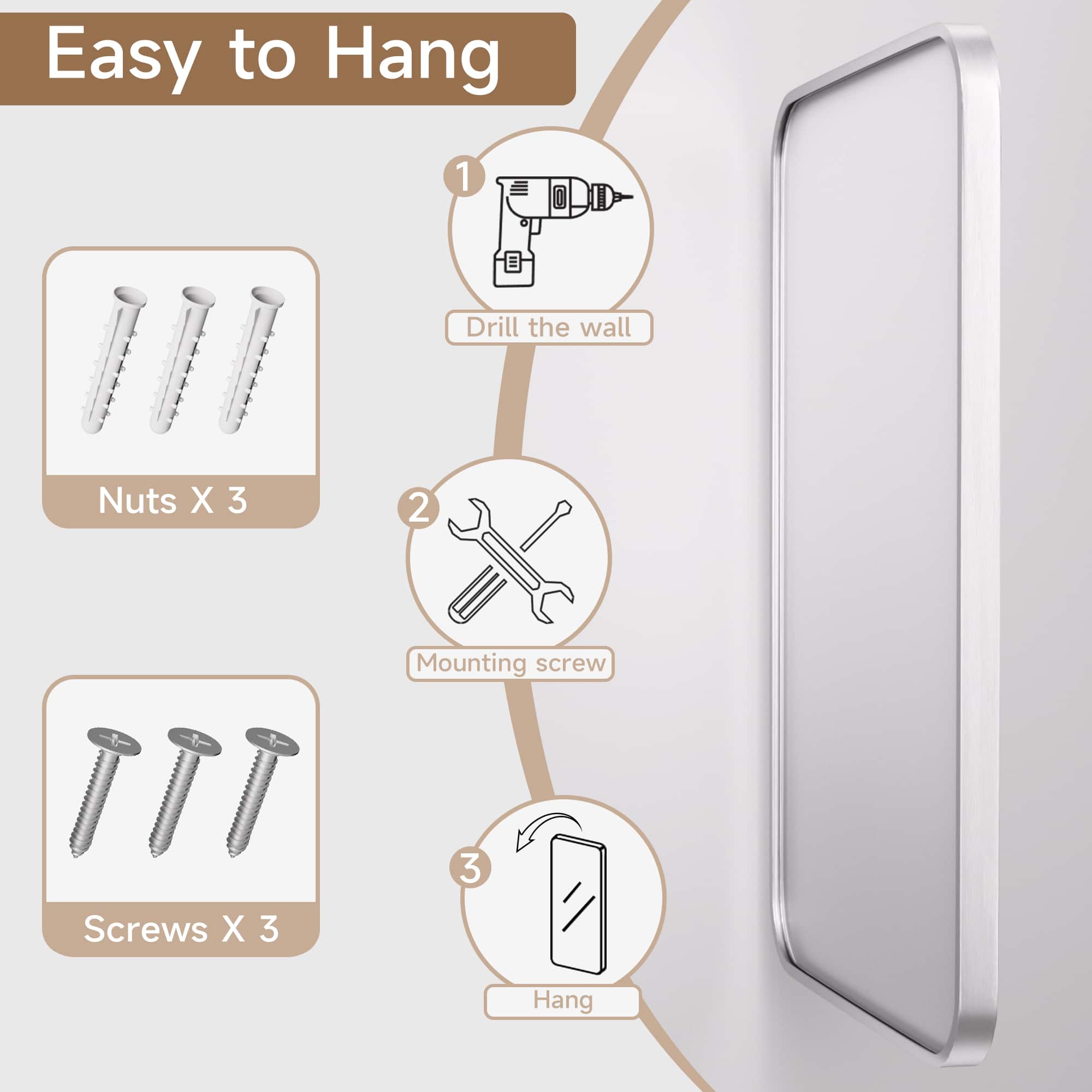 Easy to Hang: 1. Drill the wall, 2. Nuts X 3, 3. Mounting screw, 4. Screws X 3, 5. Hang.