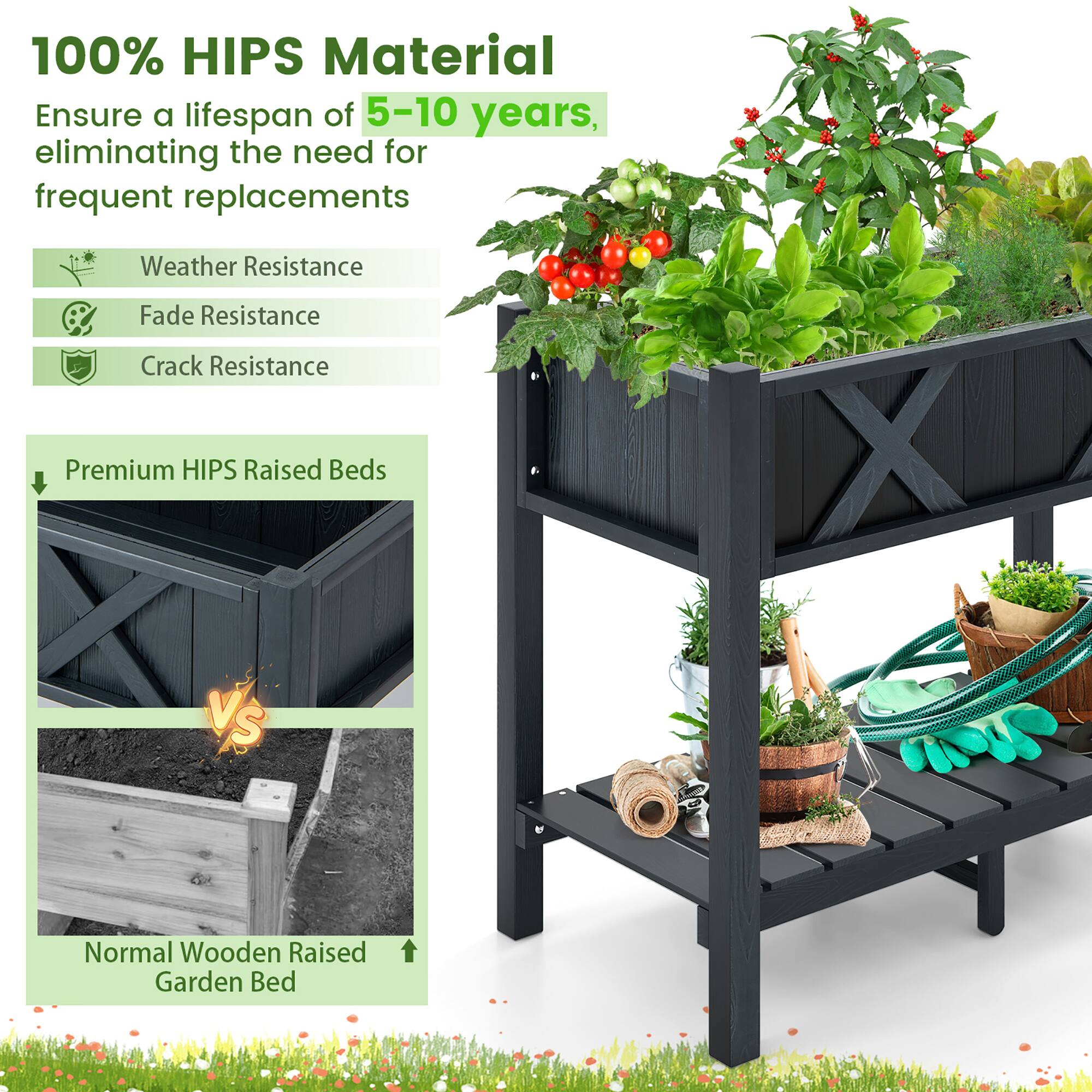 100% HIPS Material  
Ensure a lifespan of 5-10 years, eliminating the need for frequent replacements  

- Weather Resistance  
- Fade Resistance  
- Crack Resistance  

Premium HIPS Raised Beds vs Normal Wooden Raised Garden Bed