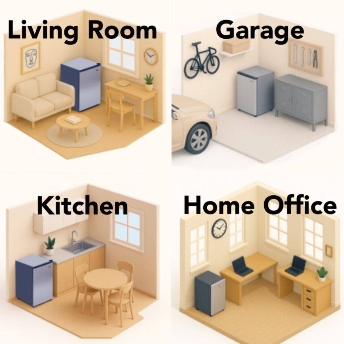Living Room  
Garage  
Kitchen  
Home Office