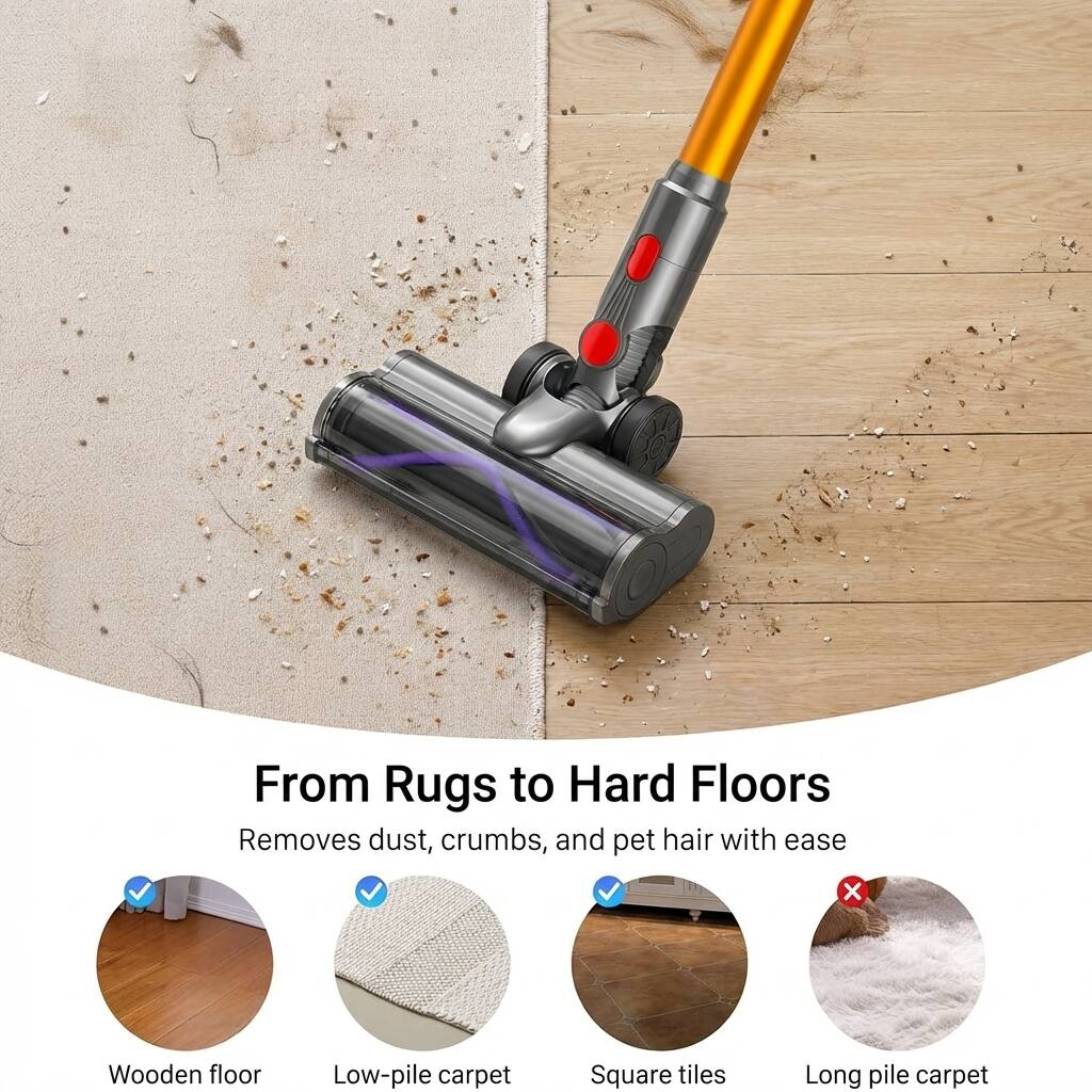 From Rugs to Hard Floors  
Removes dust, crumbs, and pet hair with ease  

- Wooden floor ✔️  
- Low-pile carpet ✔️  
- Square tiles ✔️  
- Long pile carpet ❌