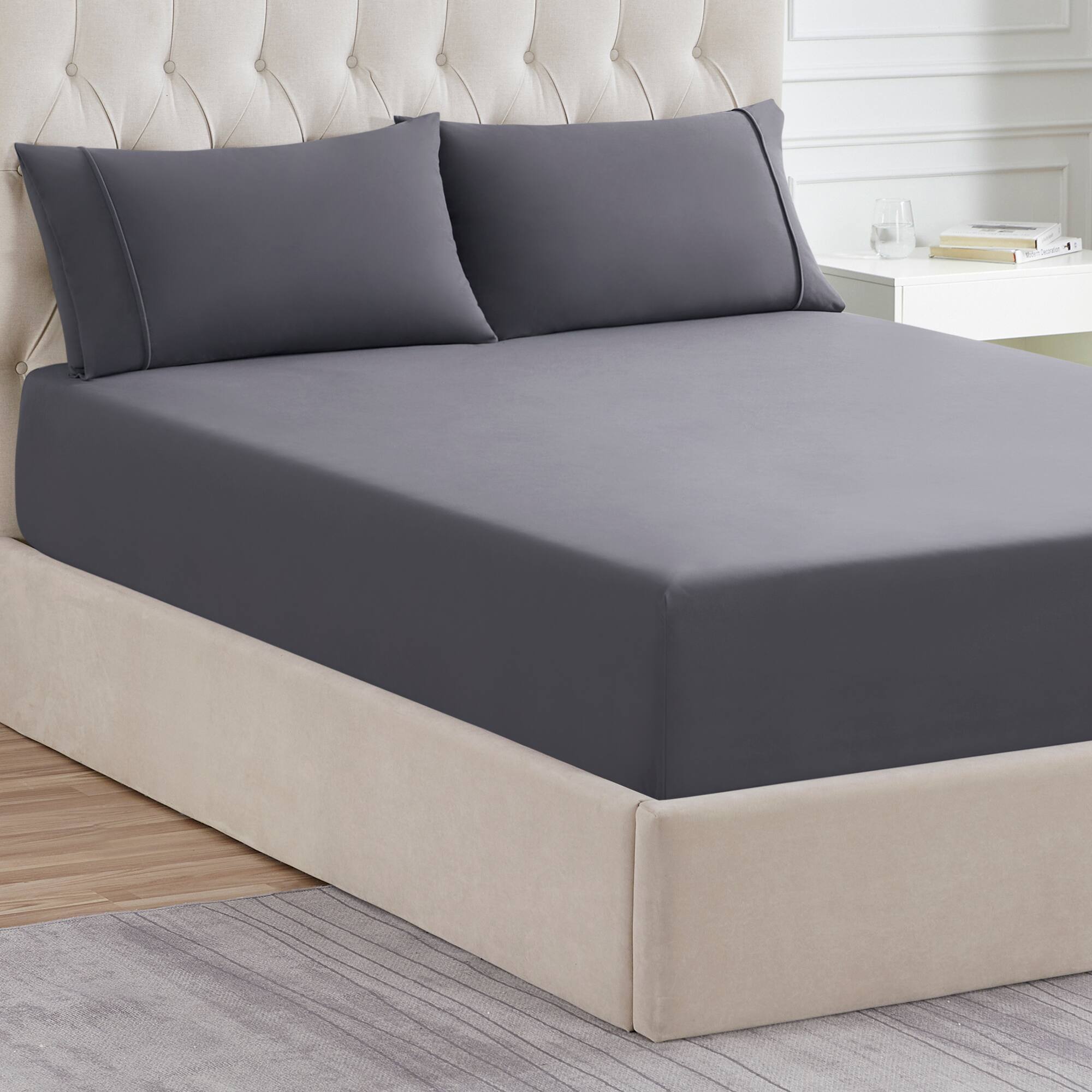 Left. Sweet Home Collection - Solid Flannel Fitted Sheet, Bottom Sheets with Built in Sheet Straps, Full - Grey.