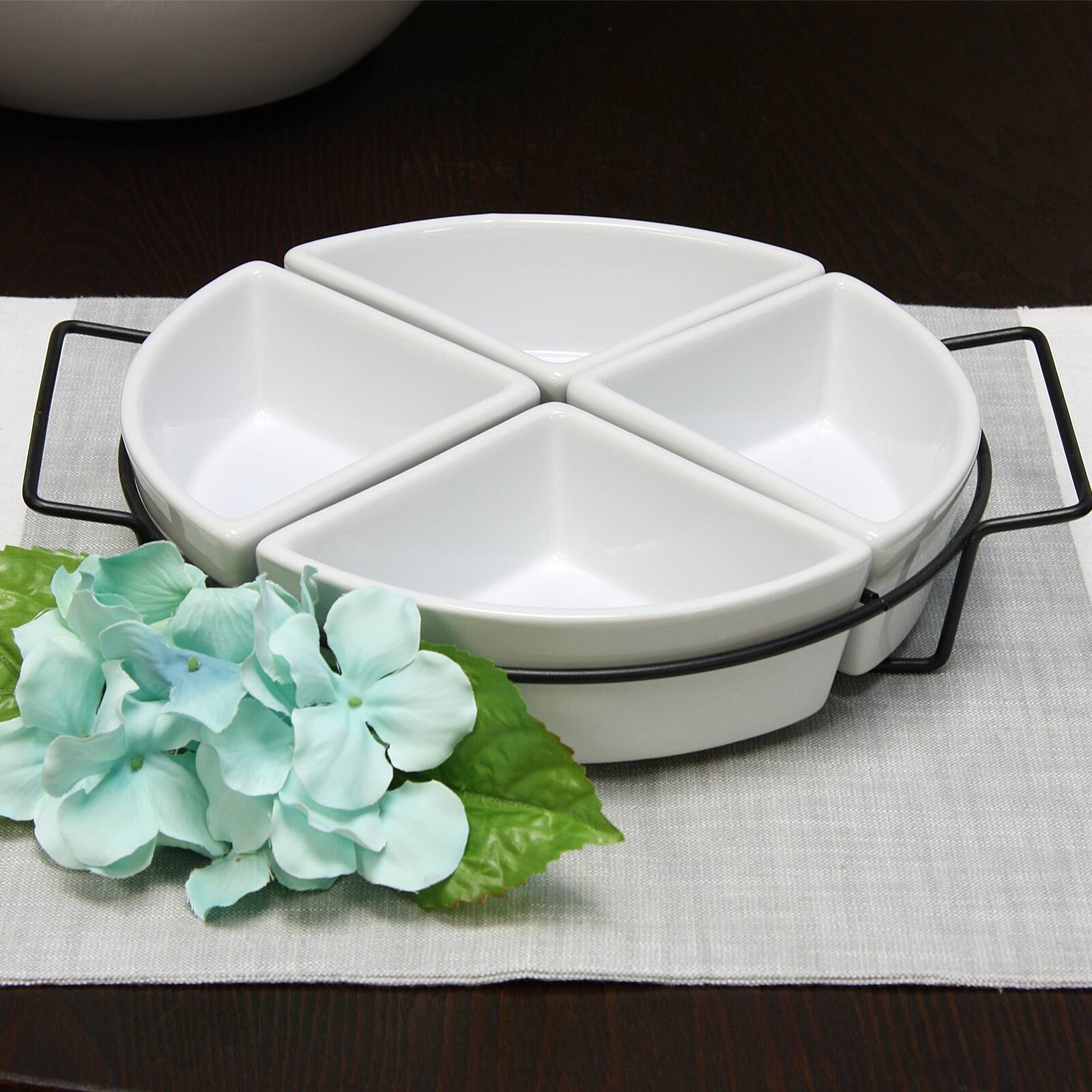 Alt View 3. Gibson - Gibson Gracious Fine Ceramic Dining Four Section Tray Set with Metal Rack in White - White.