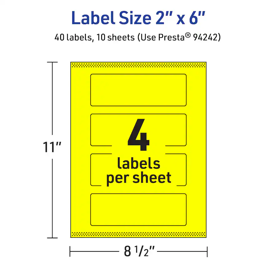 Avery Printable Rectangle Labels, Neon 2" x 6", 40ct Yellow 94242-NYP10 ...